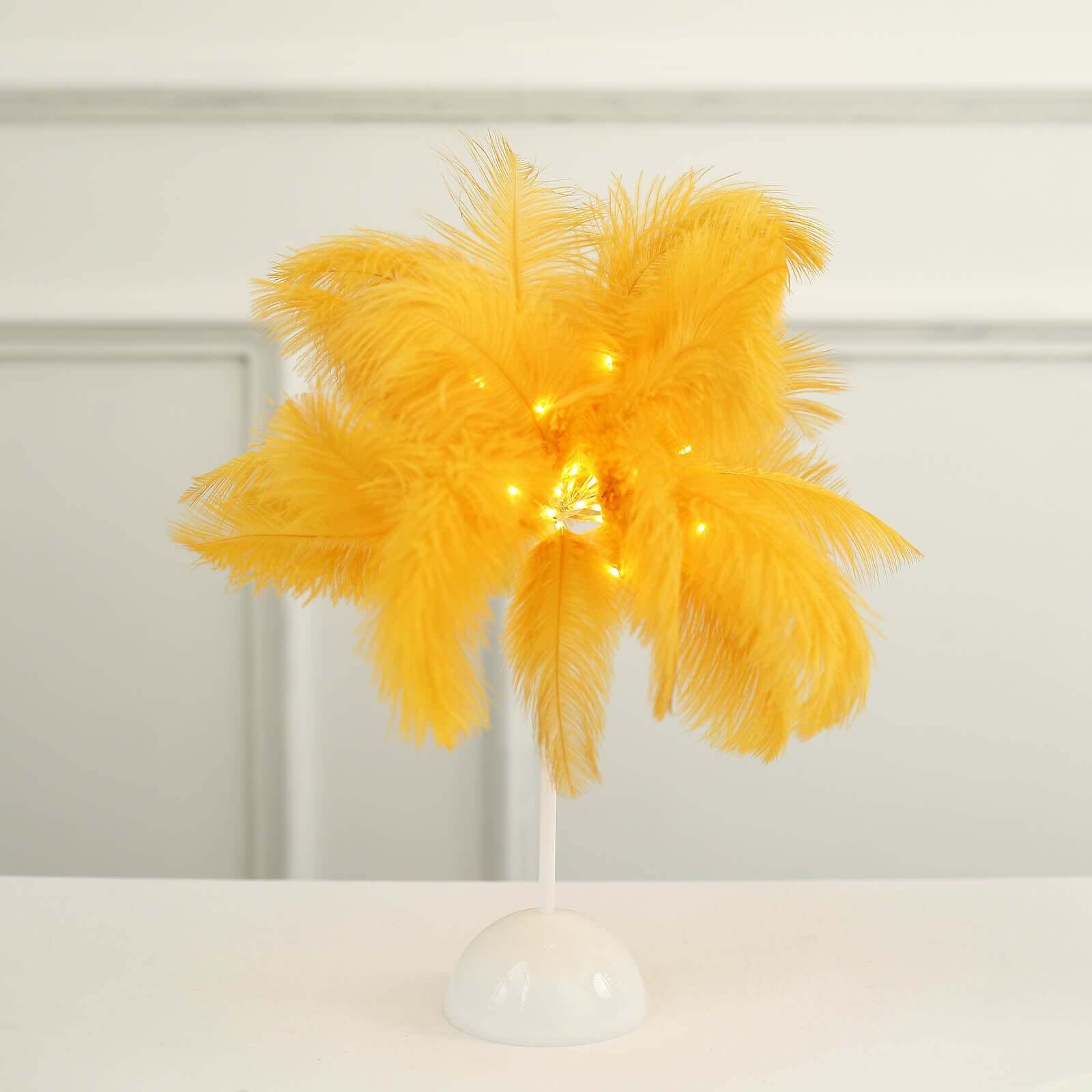 Table Lamp Ostrich Feather Design Gold LED Battery Operated - Cordless Wedding Centerpiece 15"