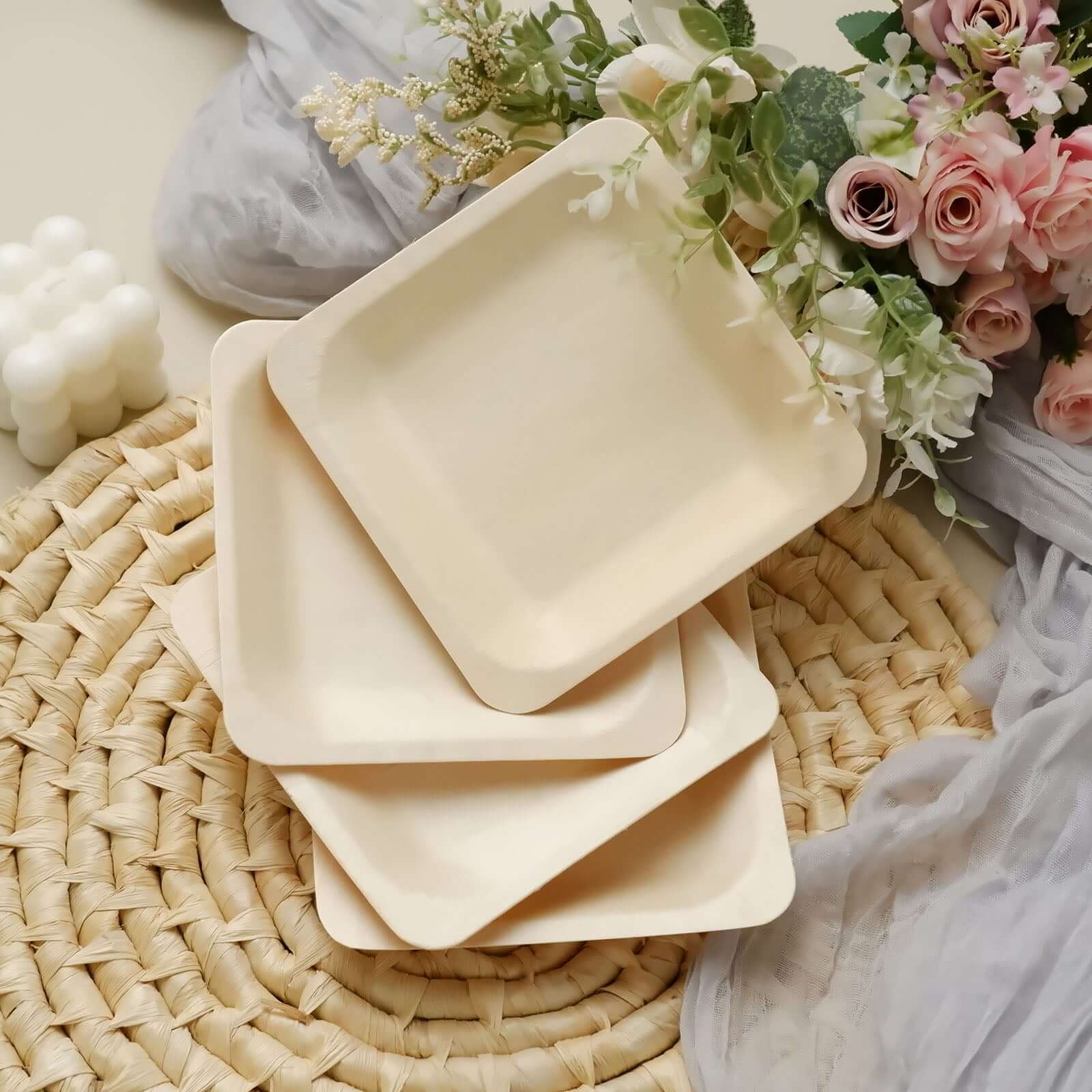 25 Pack 6" Square Eco Friendly Birchwood Wooden Dessert, Appetizer Plates