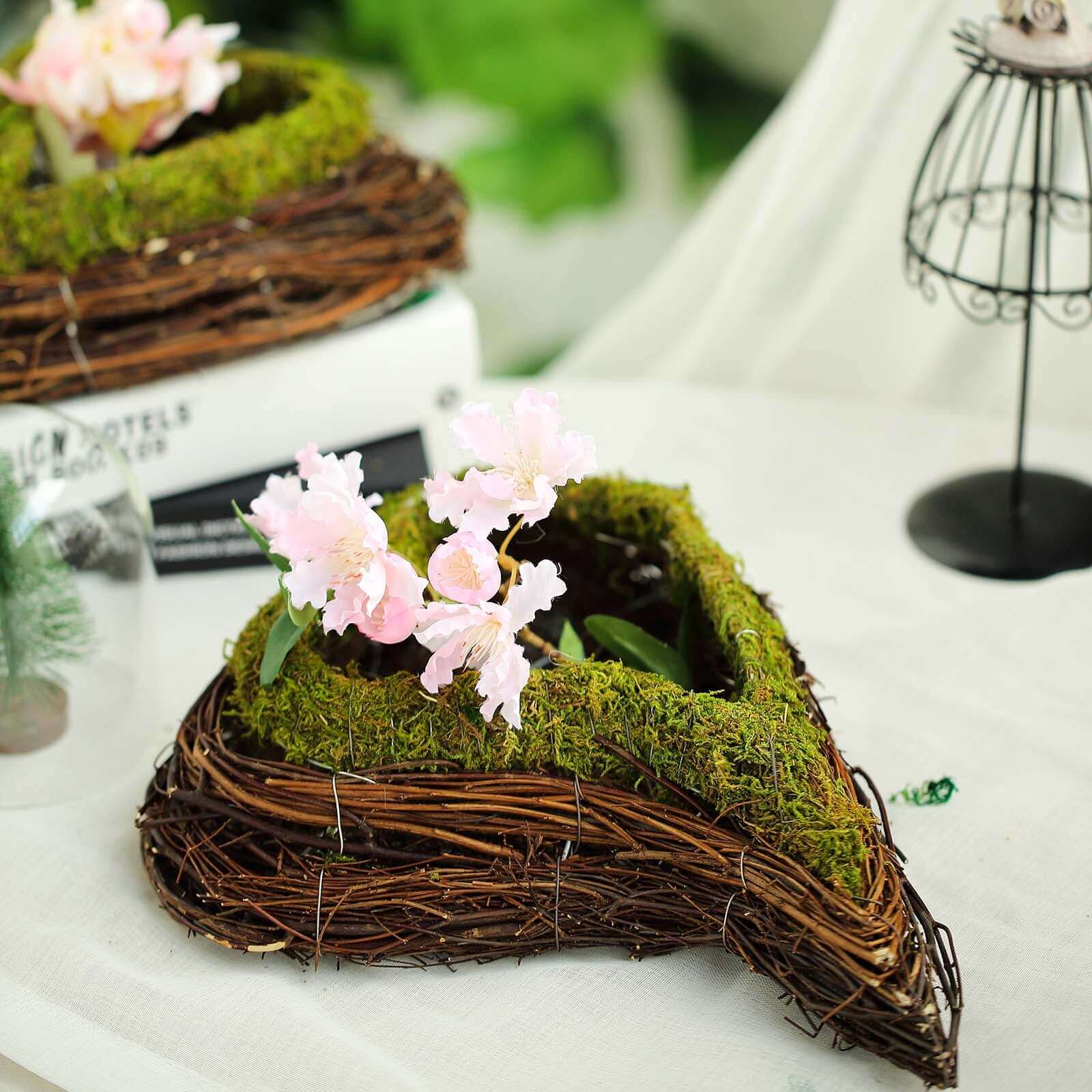 Set of 2 Heart Shaped Planter Boxes Preserved Moss Twigs Green - Flower Basket Centerpieces 14", 11"