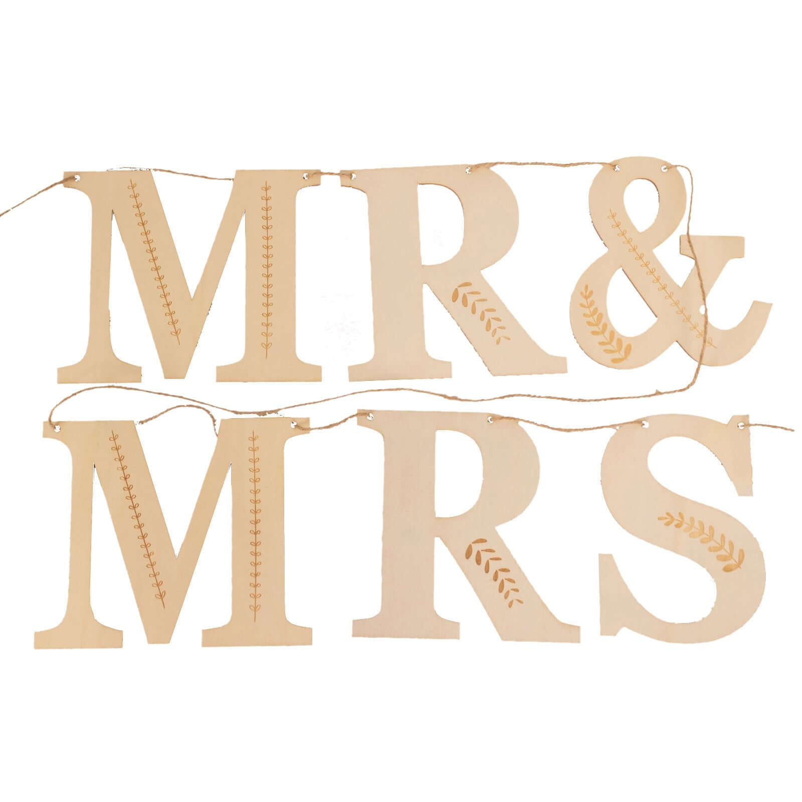 10ft Natural Pre-Strung Mr & Mrs Wooden Letter Banner with Botanical Design, Handmade Rustic Wedding Anniversary Garland
