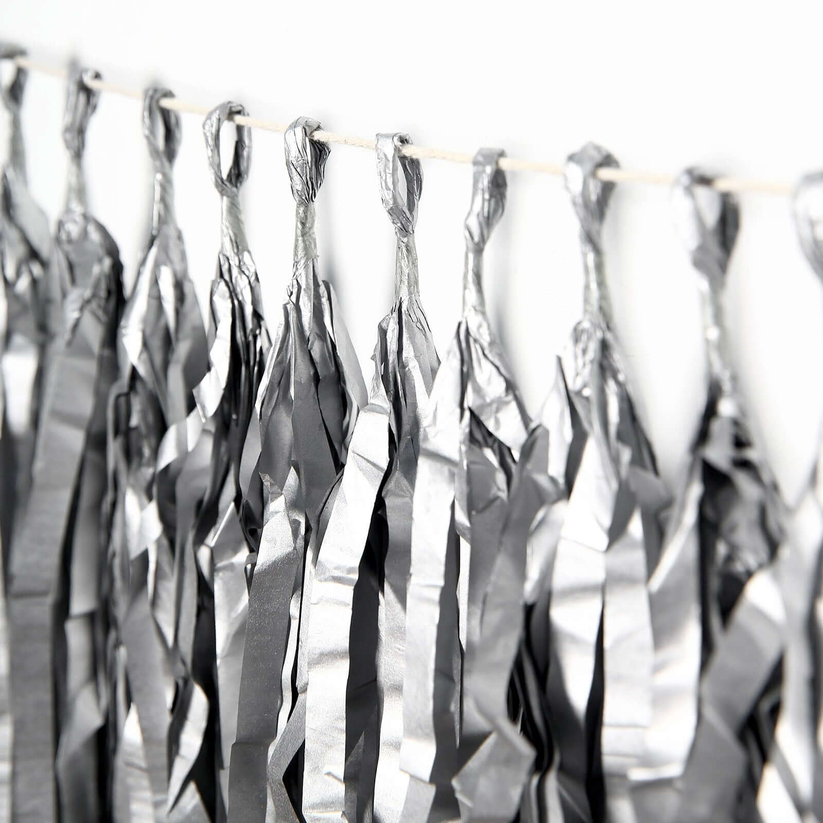 12 Pack Pre-Tied Silver Paper Fringe Tassels With Garland String, Hanging Streamer Banner