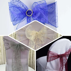 5 Pack Organza Chair Sashes with Satin Leaf Embroidery Royal Blue - Reusable Sheer Design 7"x108"