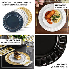 6-Pack Plastic Round Charger Plates 13" in Gold with Bejeweled Rim, Luxe Decorative Dinner Party Charger Tableware