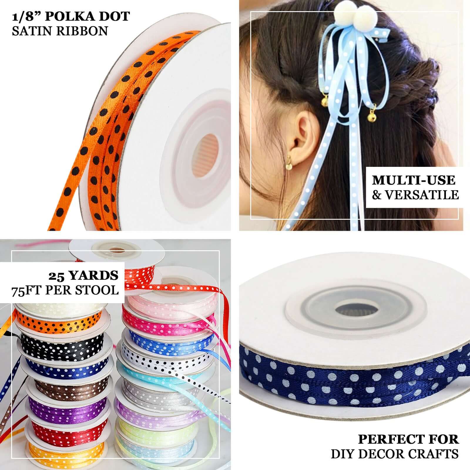 25 Yards 1 8" Light Blue Satin Polka Dot Ribbon - Clearance SALE
