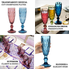 6-Pack Champagne Flute Glasses Transparent Dusty Rose Textured Crystal Cut Design - Chic Wine Goblets for Parties & Events 6oz 8"