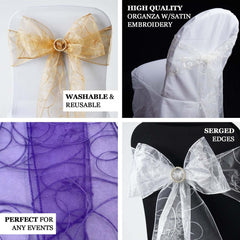 5 Pack Organza Chair Sashes with Satin Leaf Embroidery Navy Blue - Reusable Sheer Design 7"x108"