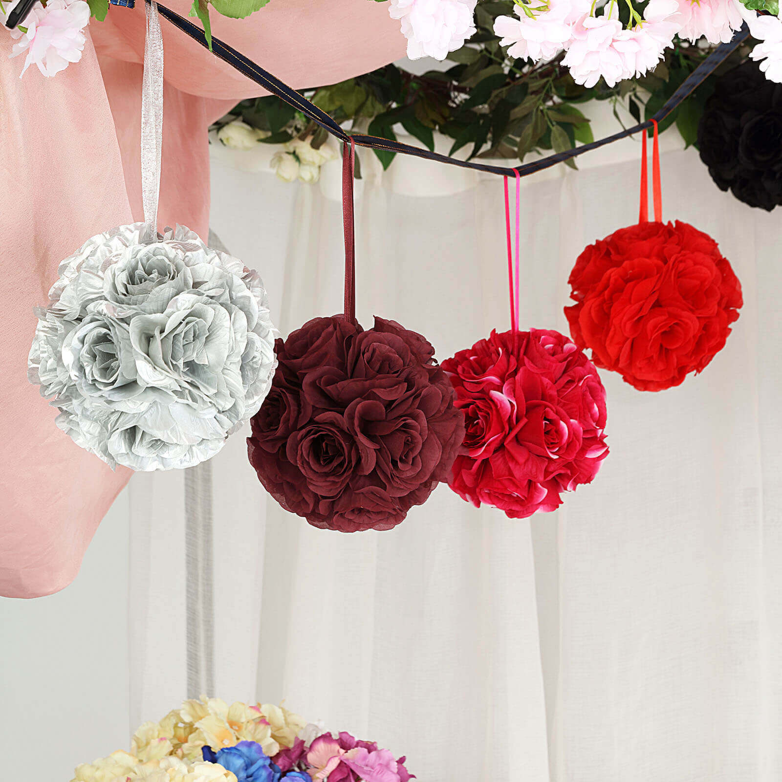 2 Pack 7" Burgundy Artificial Silk Rose Kissing Ball, Flower Ball