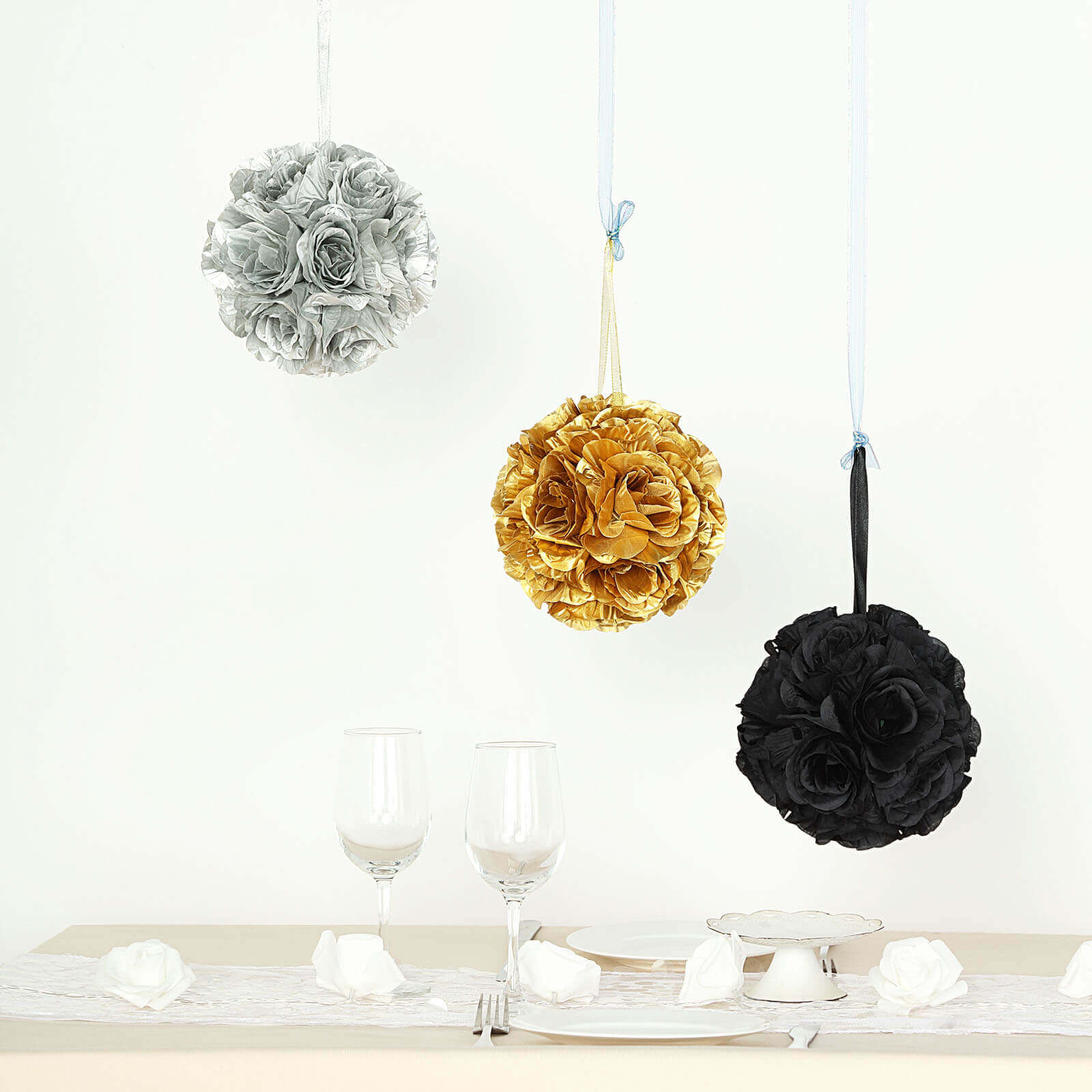 2 Pack 7" Silver Artificial Silk Rose Kissing Ball, Faux Flower Ball