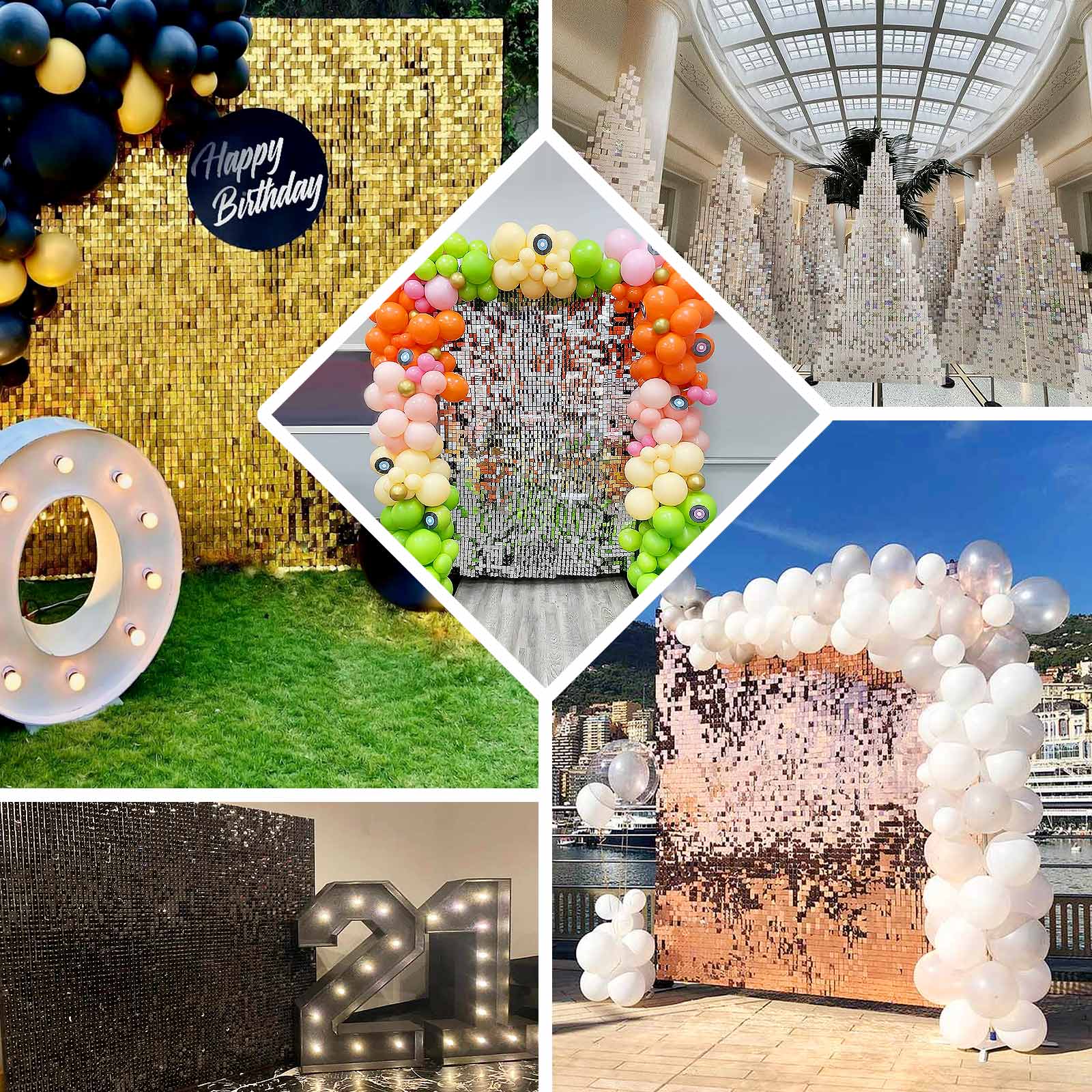 10sq.ft Shiny Gold Square Sequin Shimmer Wall Party Photo Backdrop, Active Spangle Wall Art Décor Panels - 10 Panels