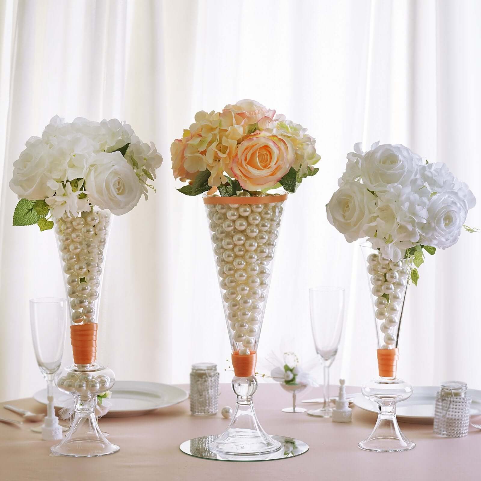 4-Pack Glass Trumpet Vases Reversible Crystal Ball Design Clear - Stylish Floral Table Centerpieces 14"