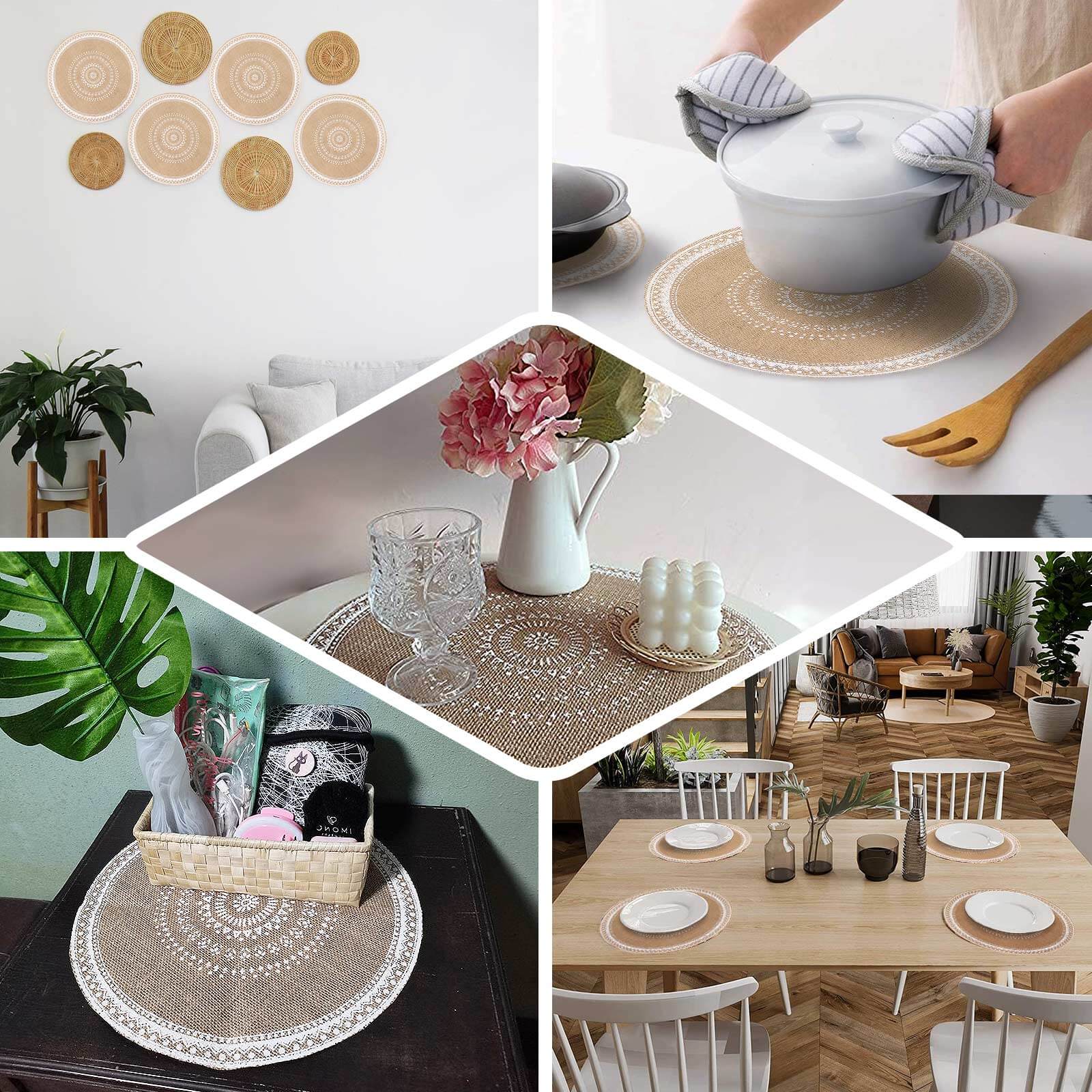 4-Pack Placemats Braided Design Natural Jute and White Round - Rustic Burlap Woven Table Mats 15"