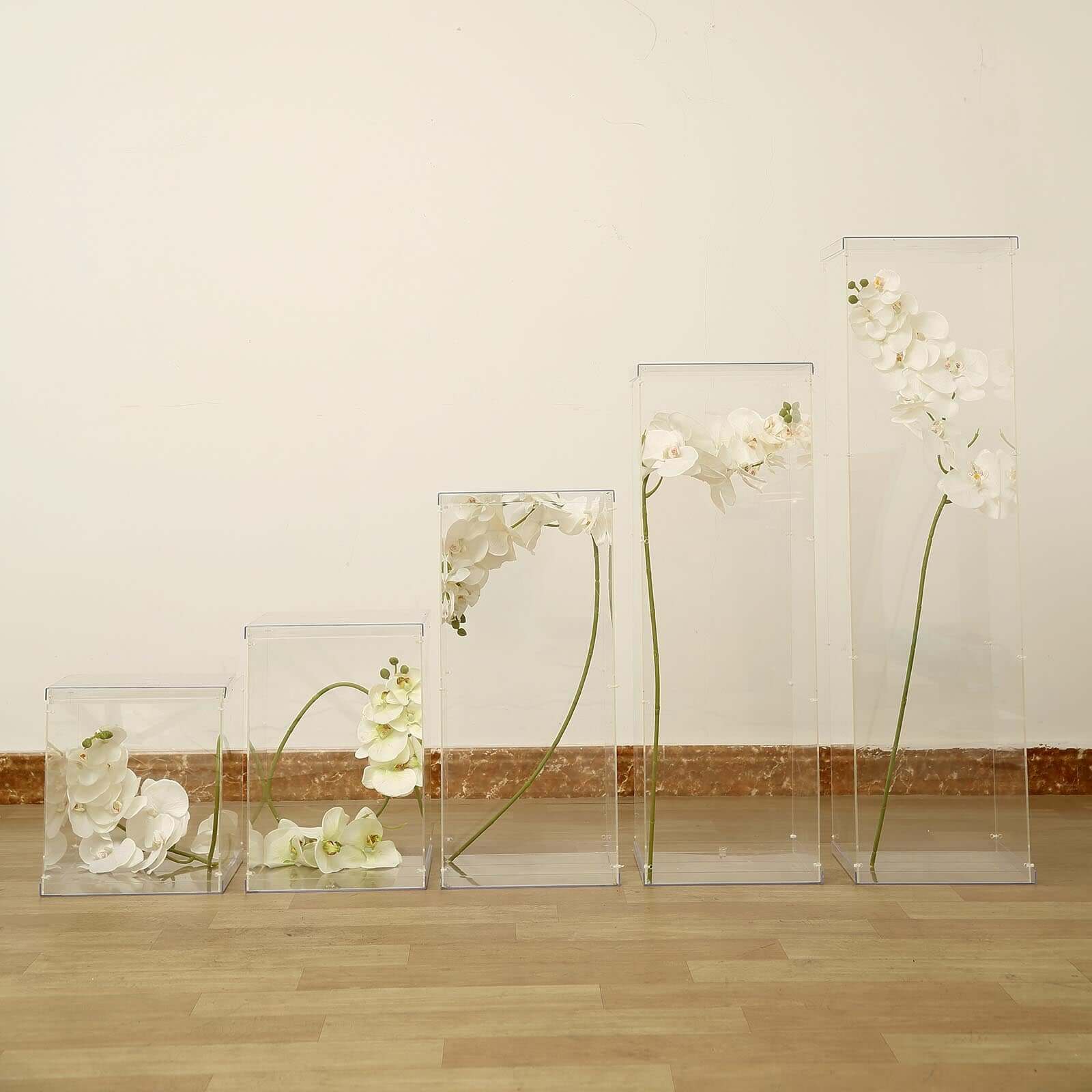 Set of 5 Clear Acrylic Display Boxes, Transparent Pedestal Risers with Interchangeable Lid and Base - 12",16",24",32",40"