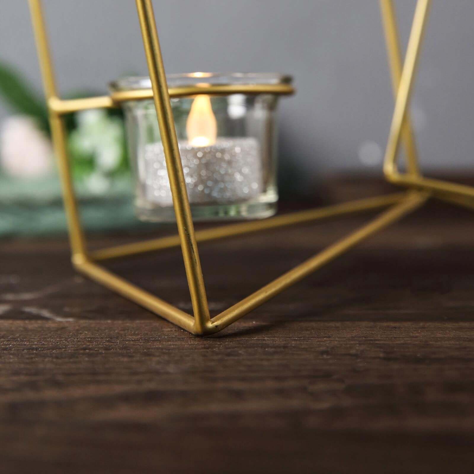 Set of Metal Candle Holders Linked Geometric Design Gold - Chic Votive Glass Decor for Events & Gatherings 9"