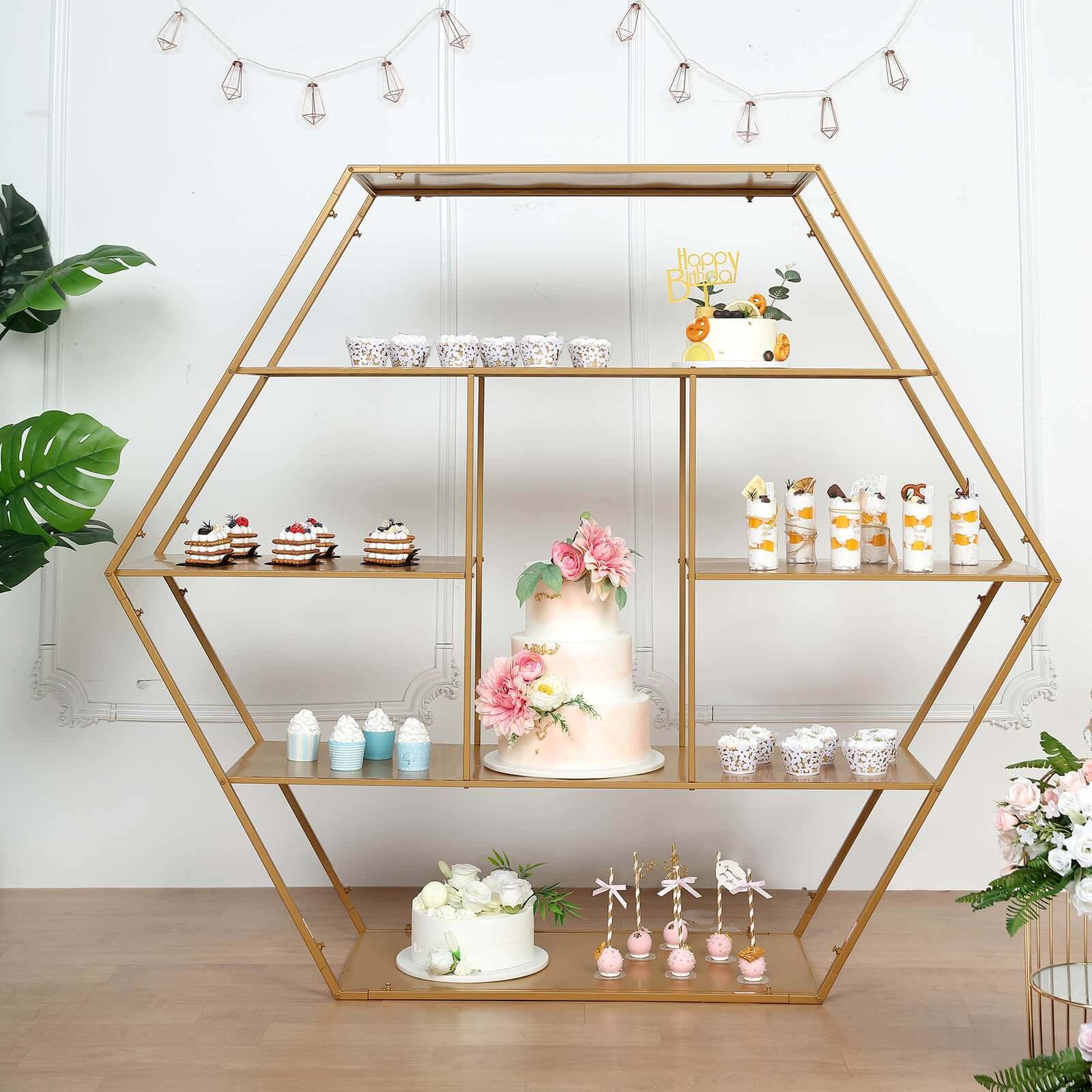 Metal Hexagonal Cake Dessert Display Stand Gold - Large Multi Functional Modern Bookcase Party Backdrop for Balloons Floral Installations & Event Decor 4ft