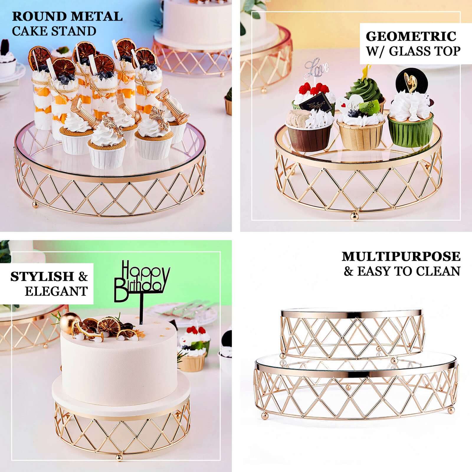 Metal Cake Stand Geometric Diamond Cut Design Gold with Glass Top - Dessert Display Riser 16"