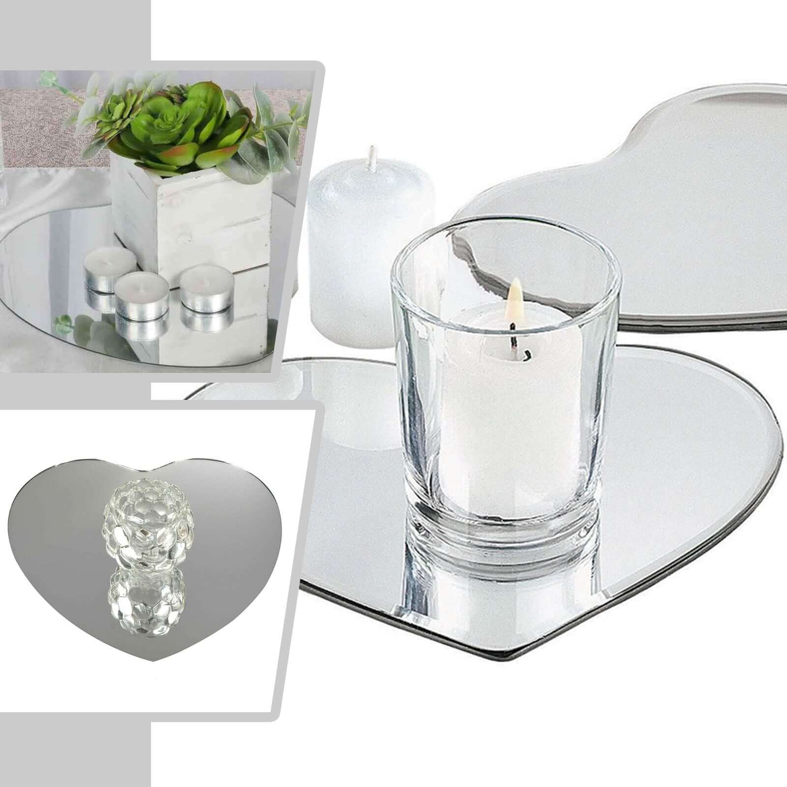 6-Pack Hanging Wall Decor Heart Glass Mirror Table Centerpiece - Reflective Decorative Display 10"