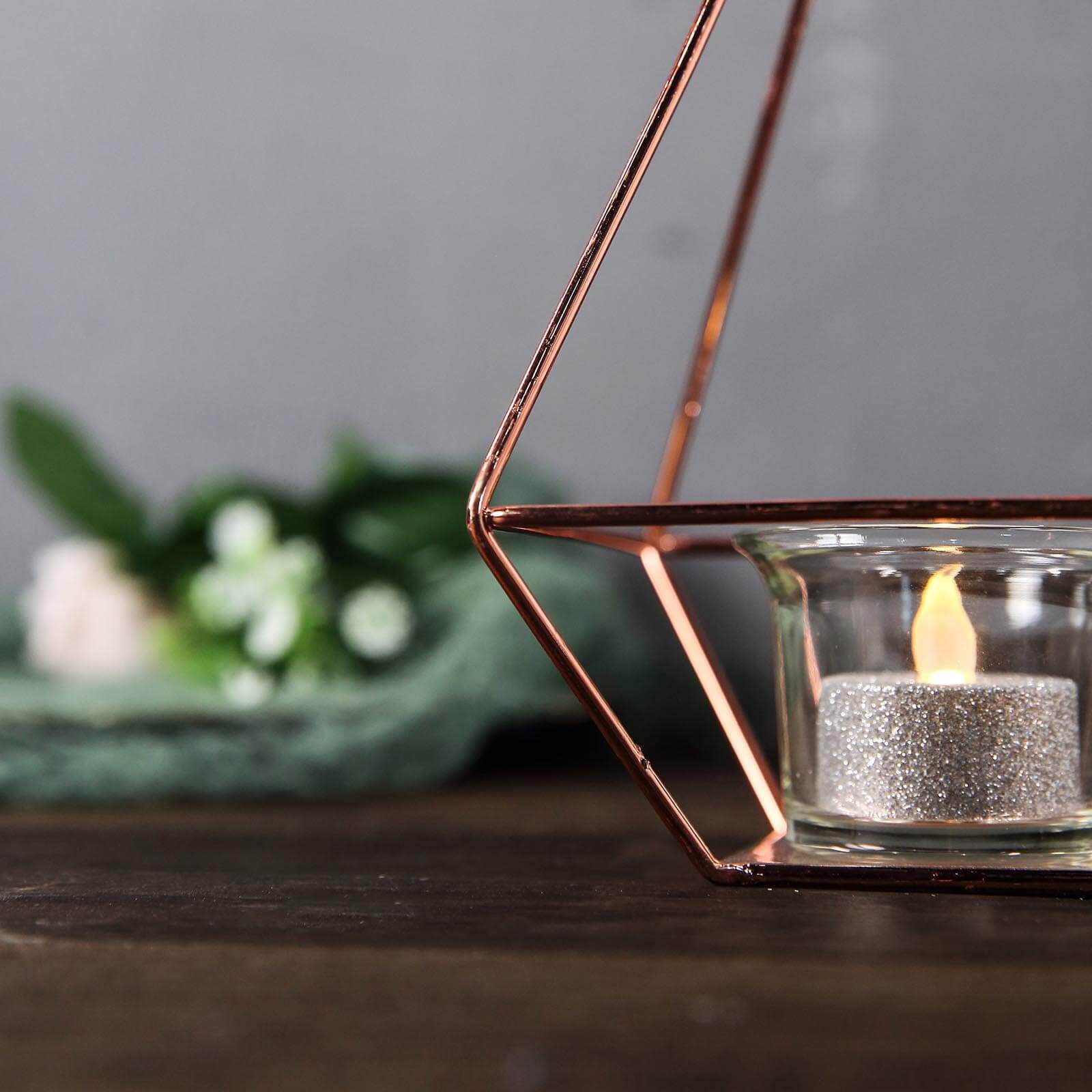 2-Pack Tealight Candle Holders Rose Gold Metal Pyramid Geometric Open Frame - Flower Stand 9"