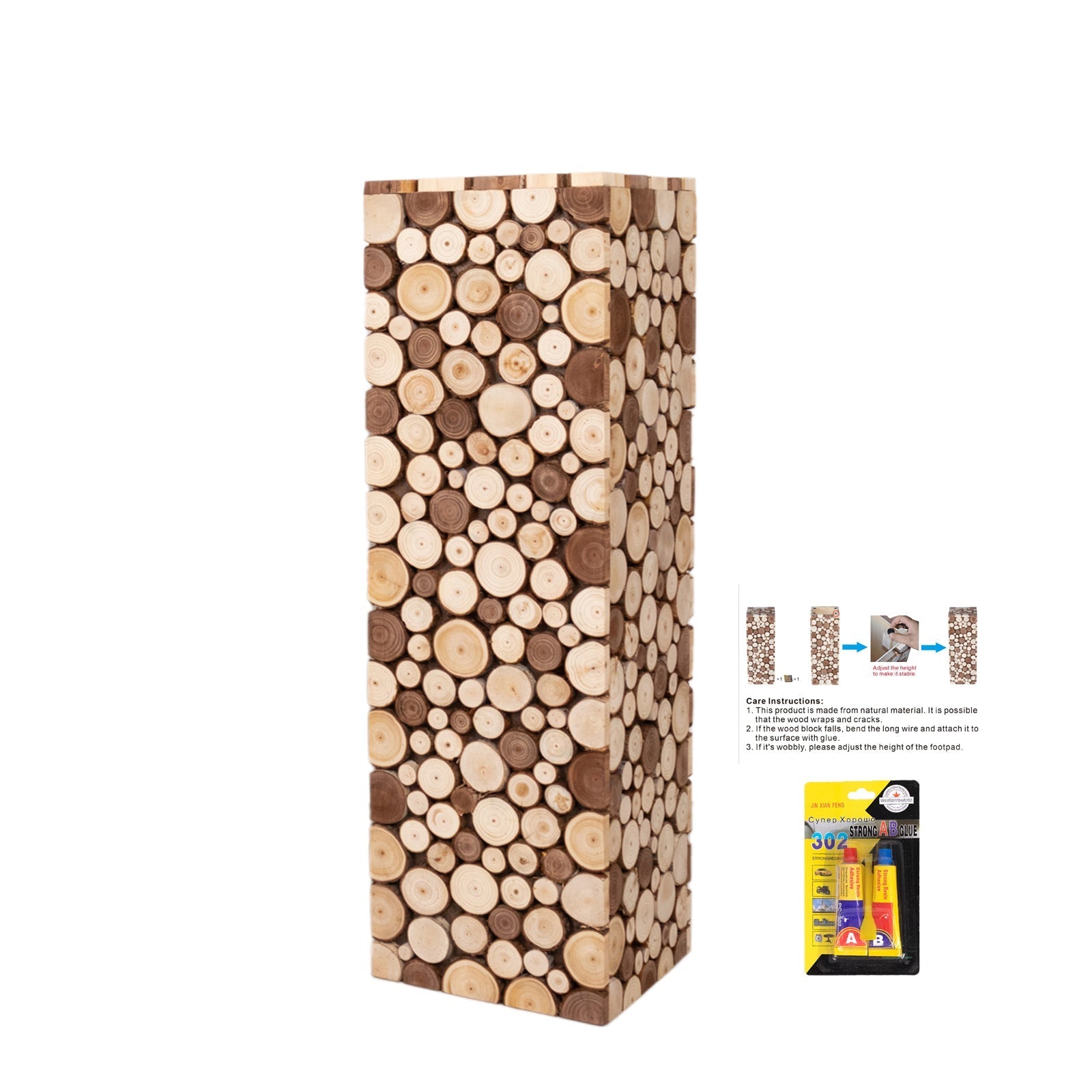 36" Natural Wooden Slices Pillar Prop Pedestal Stand, Rustic Farmhouse Wood Riser Rectangular Plant Stand