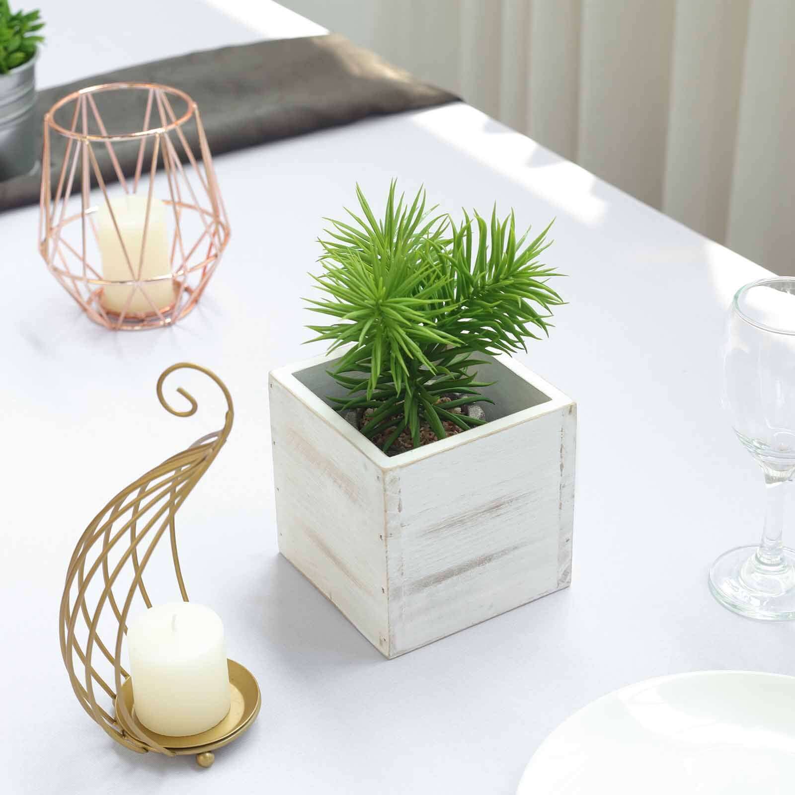 2 Pack 5" Whitewash Square Wood Planter Box Set With Removable Plastic Liners