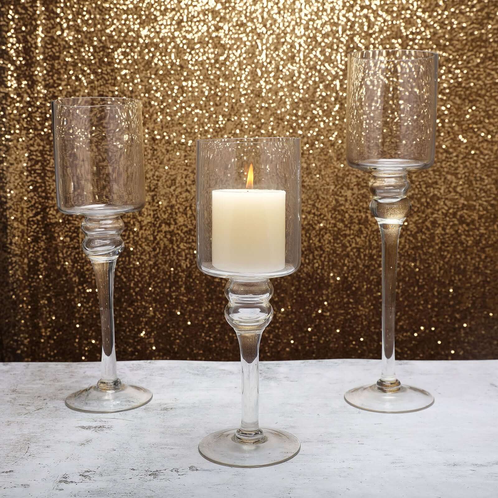 Set of 3 Glass Cylinder Vases Long Stem Clear - Decorative Candle Holder Floral Centerpieces 12", 14", 16"