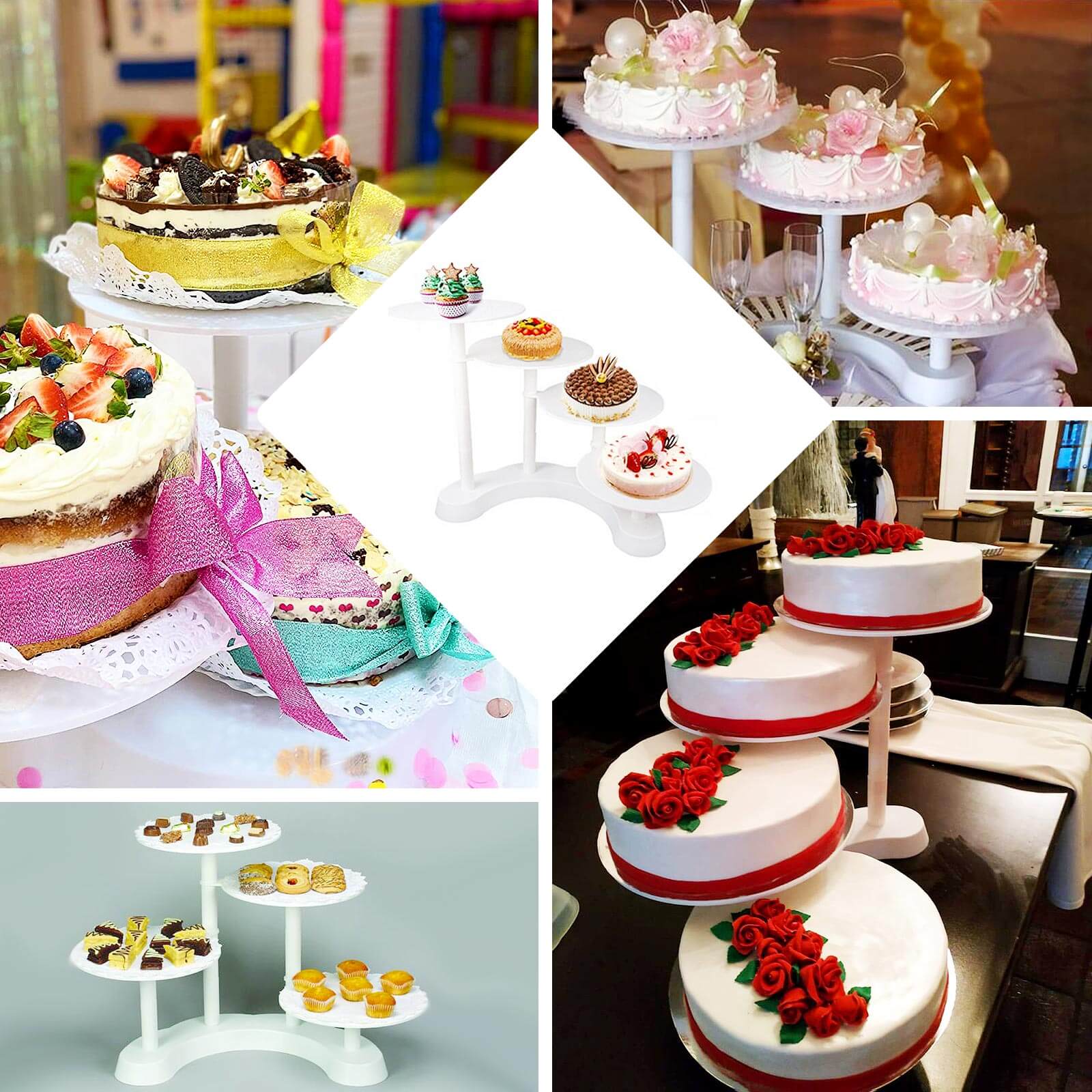 4-Tier Plastic Cake Stand with Half Moon Base White - Space Saving Multi-layer Cupcake Holder Dessert Tower for Weddings Tea Parties & Home Gatherings 17"