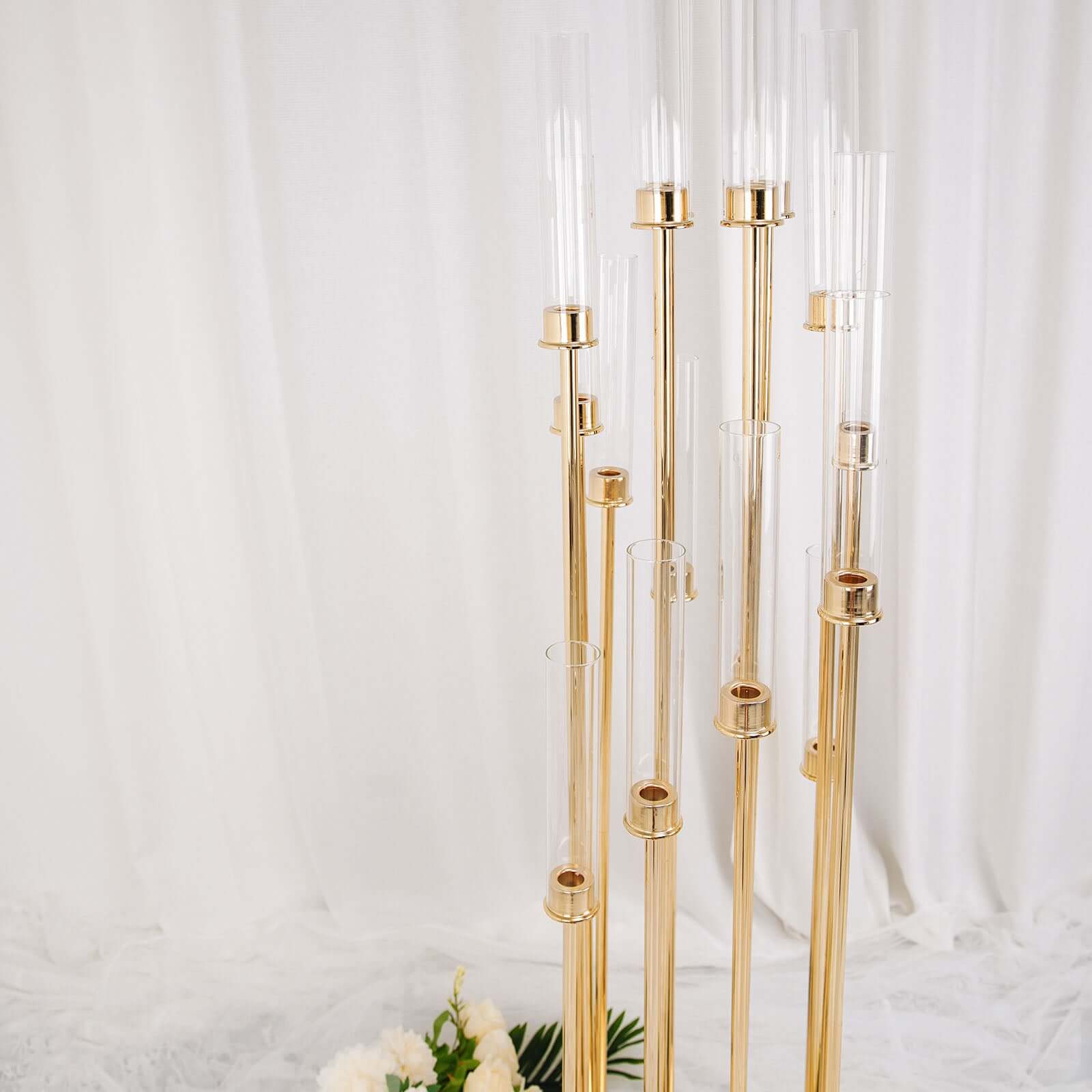 16-Arm Cluster Taper Candle Holder Gold with Clear Glass Shades - Stunning Large Candle Display for Venues 78"