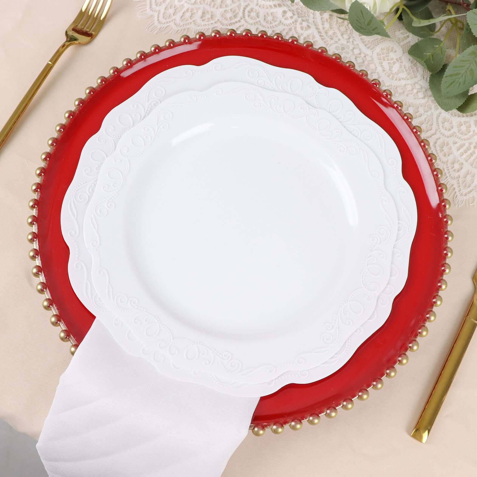 6-Pack Acrylic Round Charger Plates 13" in Red with Gold Beaded Rim, Decorative Dinner Party Charger Tableware