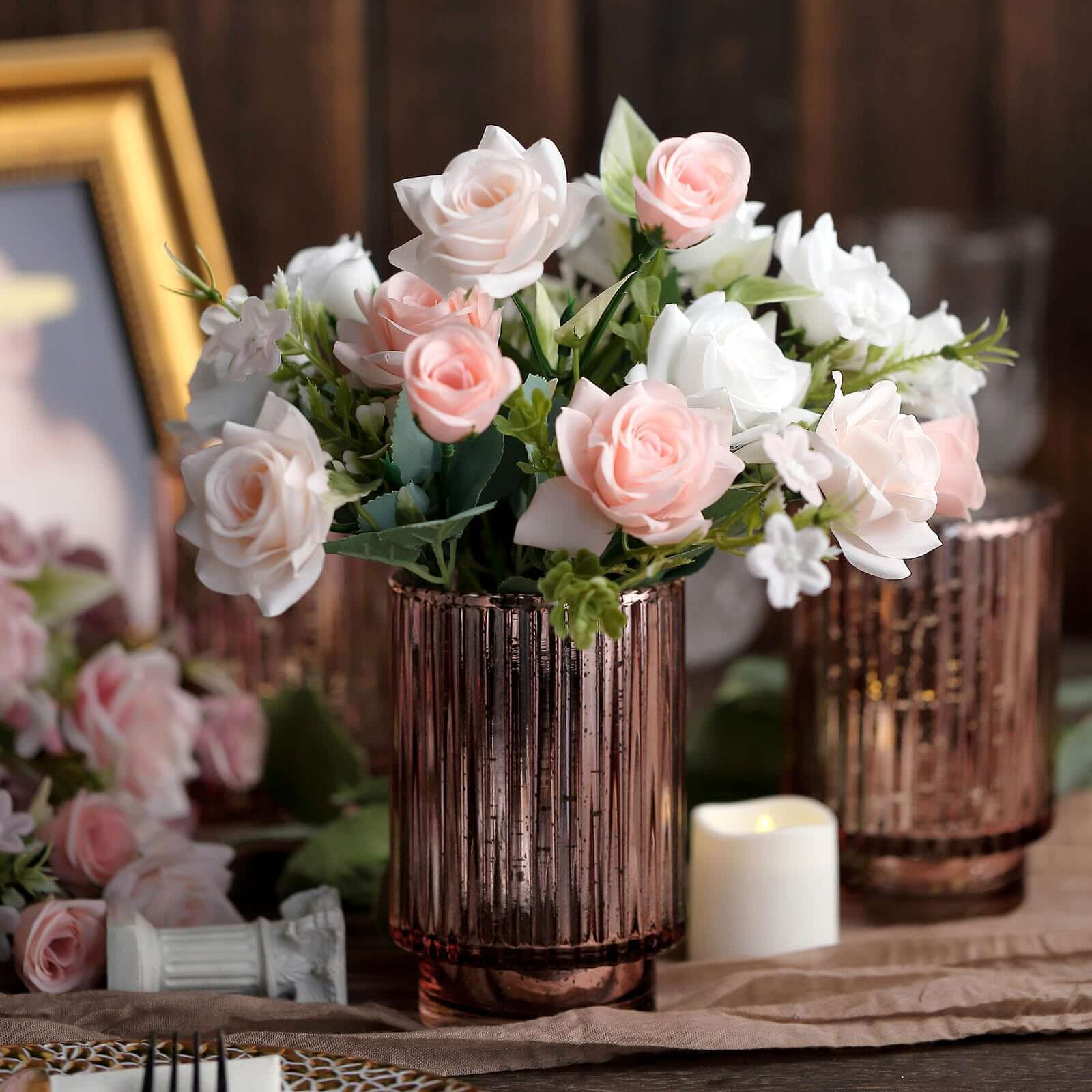 3-Pack Mercury Glass Hurricane Candle Holders Rose Gold Wavy Column Design - Votive Pillar Vase 5"