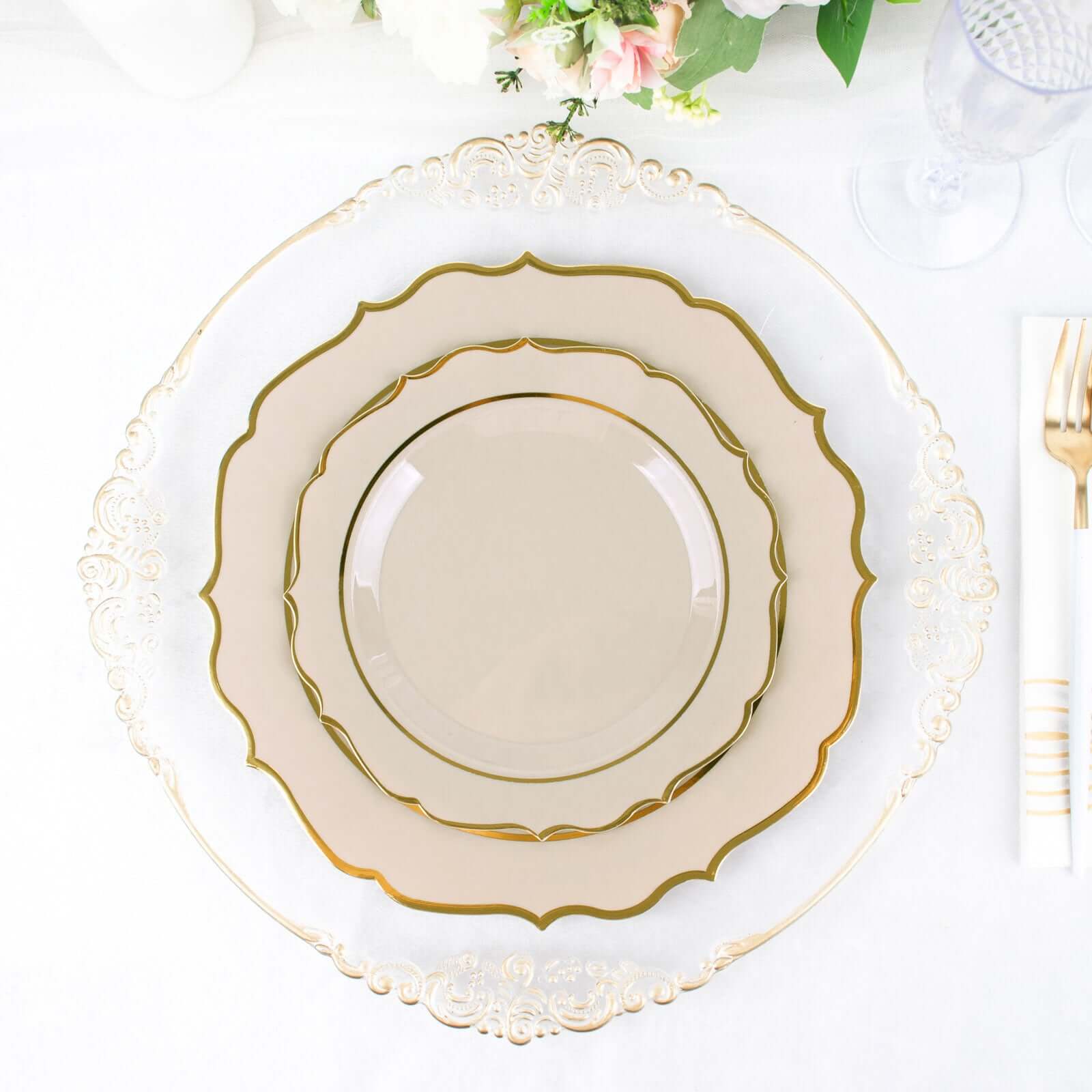 10-Pack Plastic 8" Round Desert Plates in Taupe with Gold Scalloped Rim - Disposable Appetizer/Salad Plates