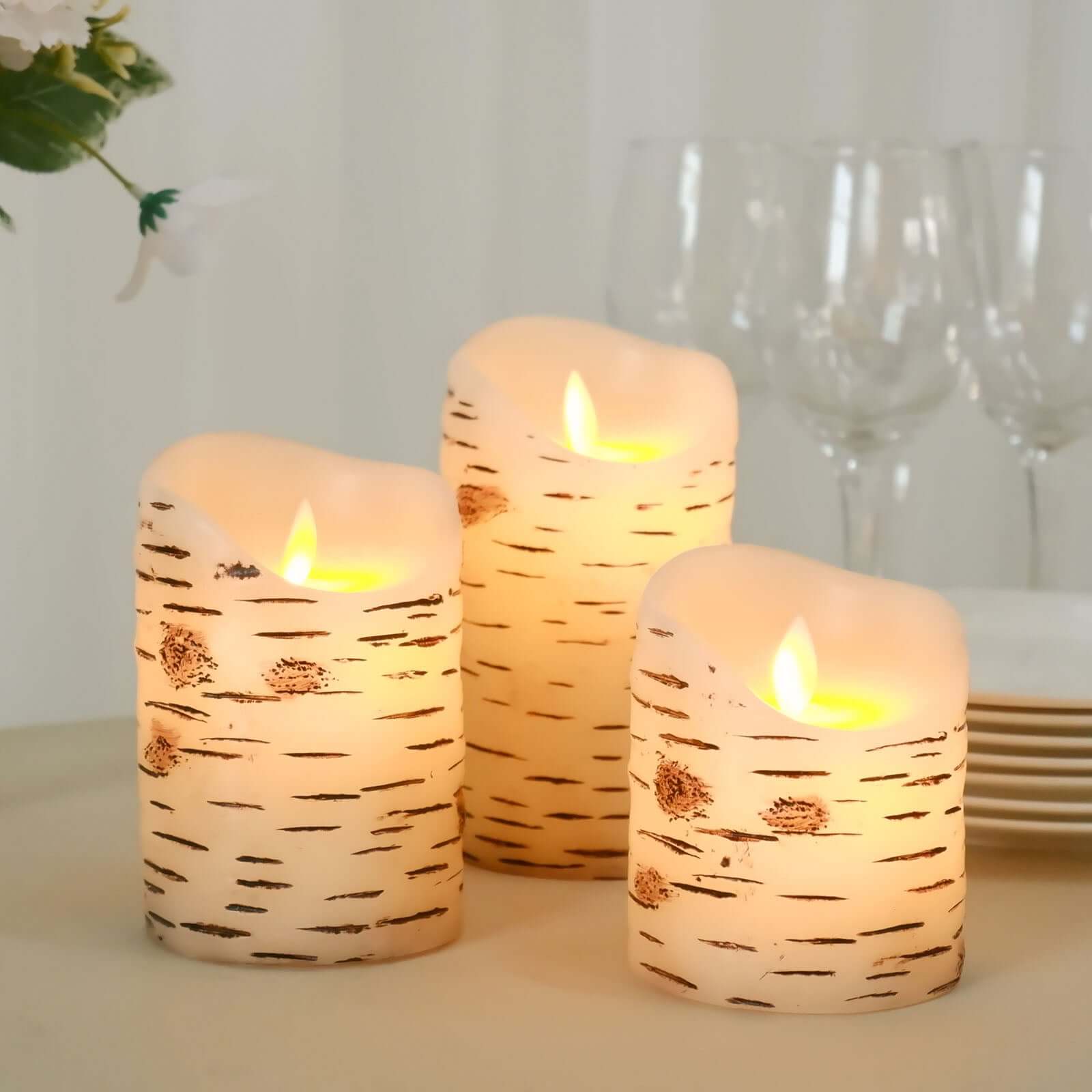 Set of 3 LED Flameless Pillar Candles Burnt Birch Bark Design Warm White - Battery Operated with Remote
