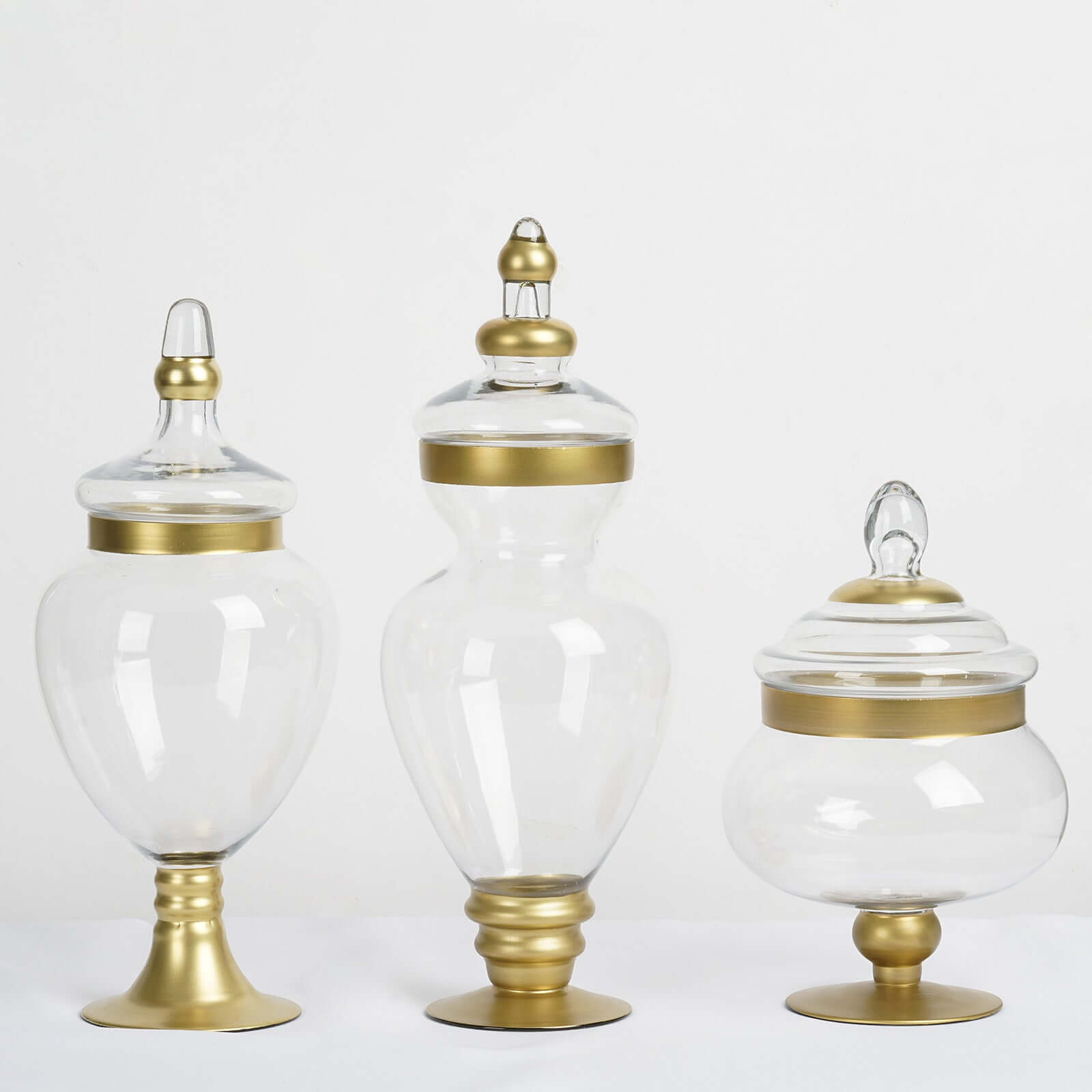 Set of 3 Glass Candy Jars Apothecary Design Gold Trim with Snap-On Lids - Large Stylish Containers for Parties 10"/14"/16"