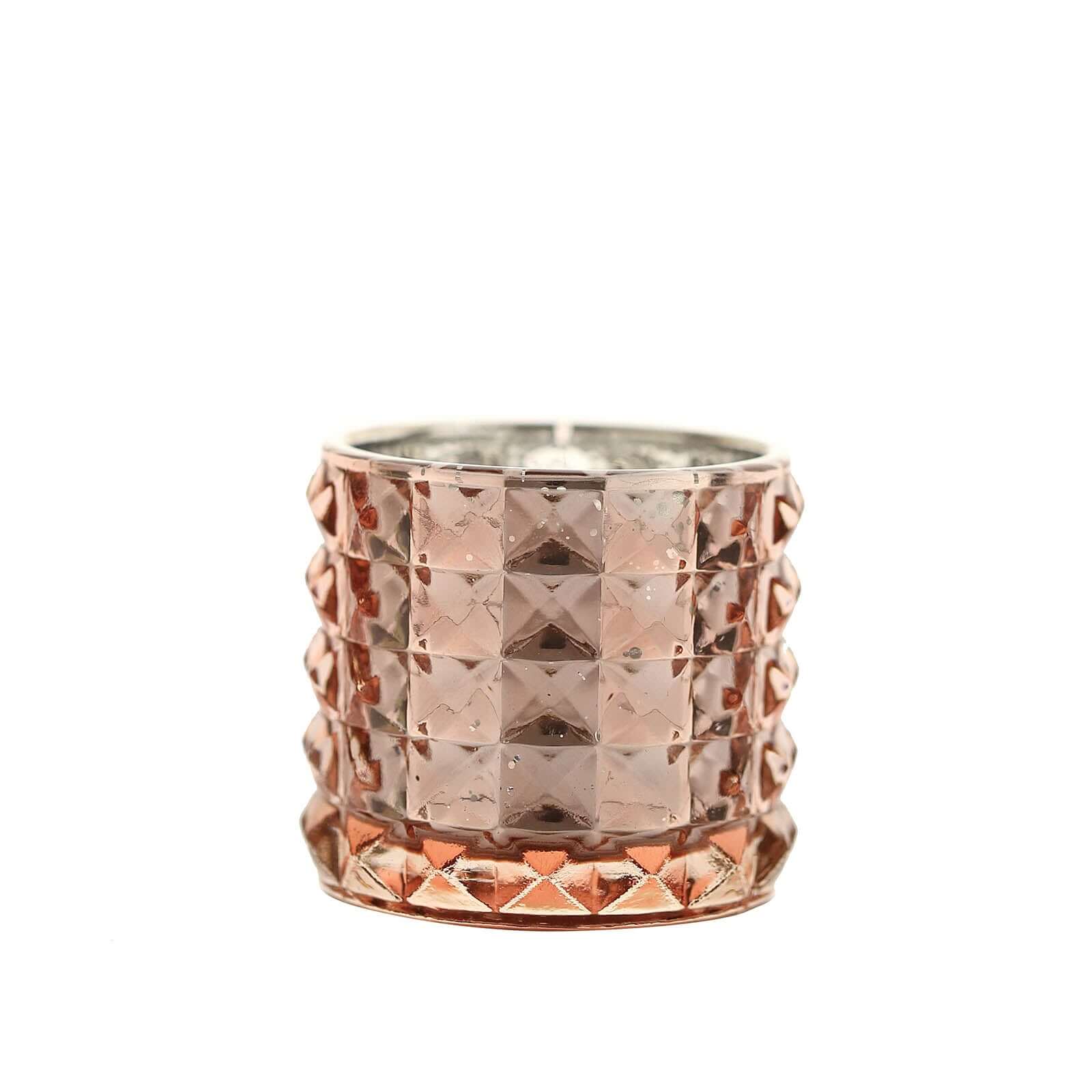 6-Pack Mercury Glass Votive Holders Studded Faceted Design Rose Gold - Tealight Candle Holders 3"