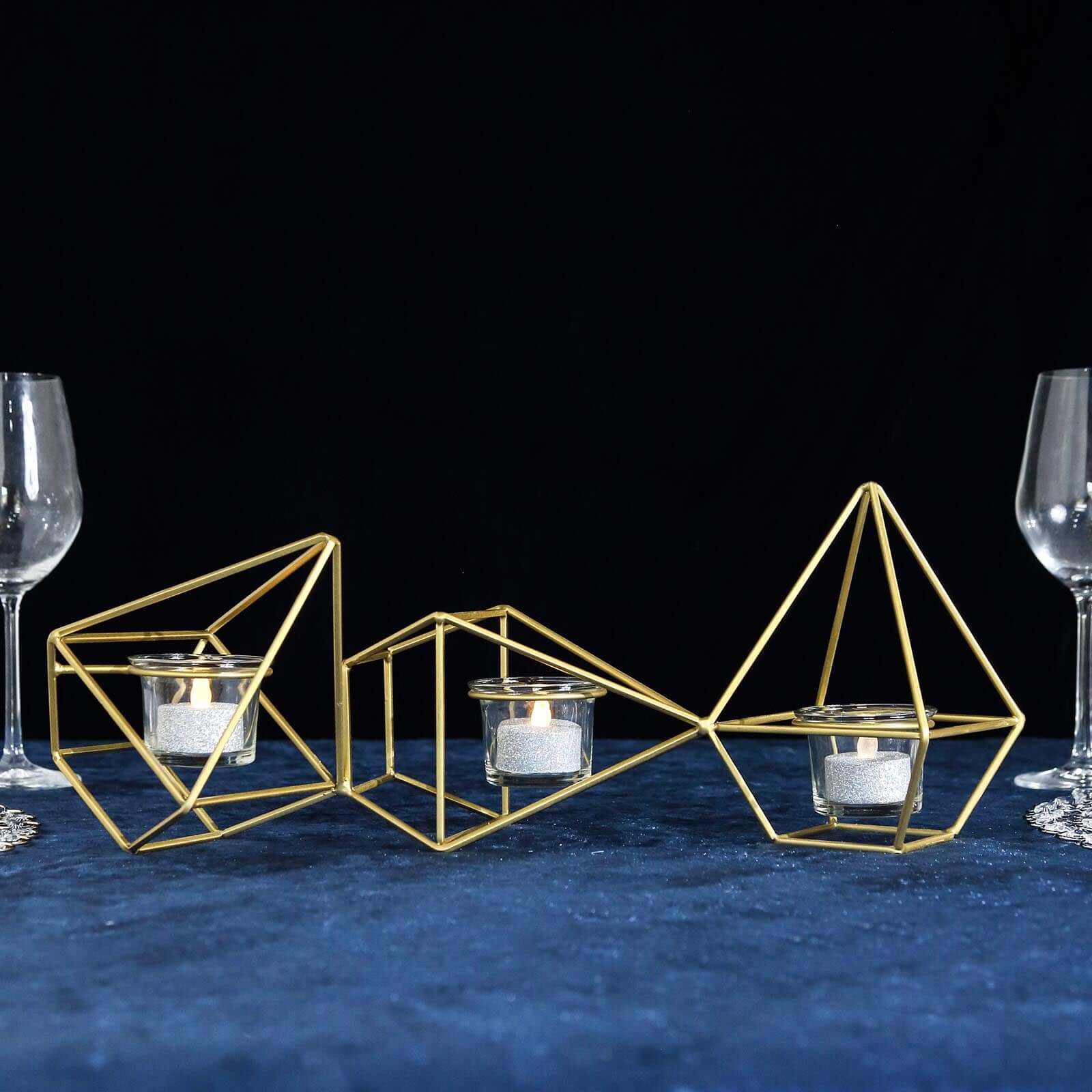 Set of Metal Candle Holders Linked Geometric Design Gold - Modern Votive Glass Decor for Tables & Gatherings 16"