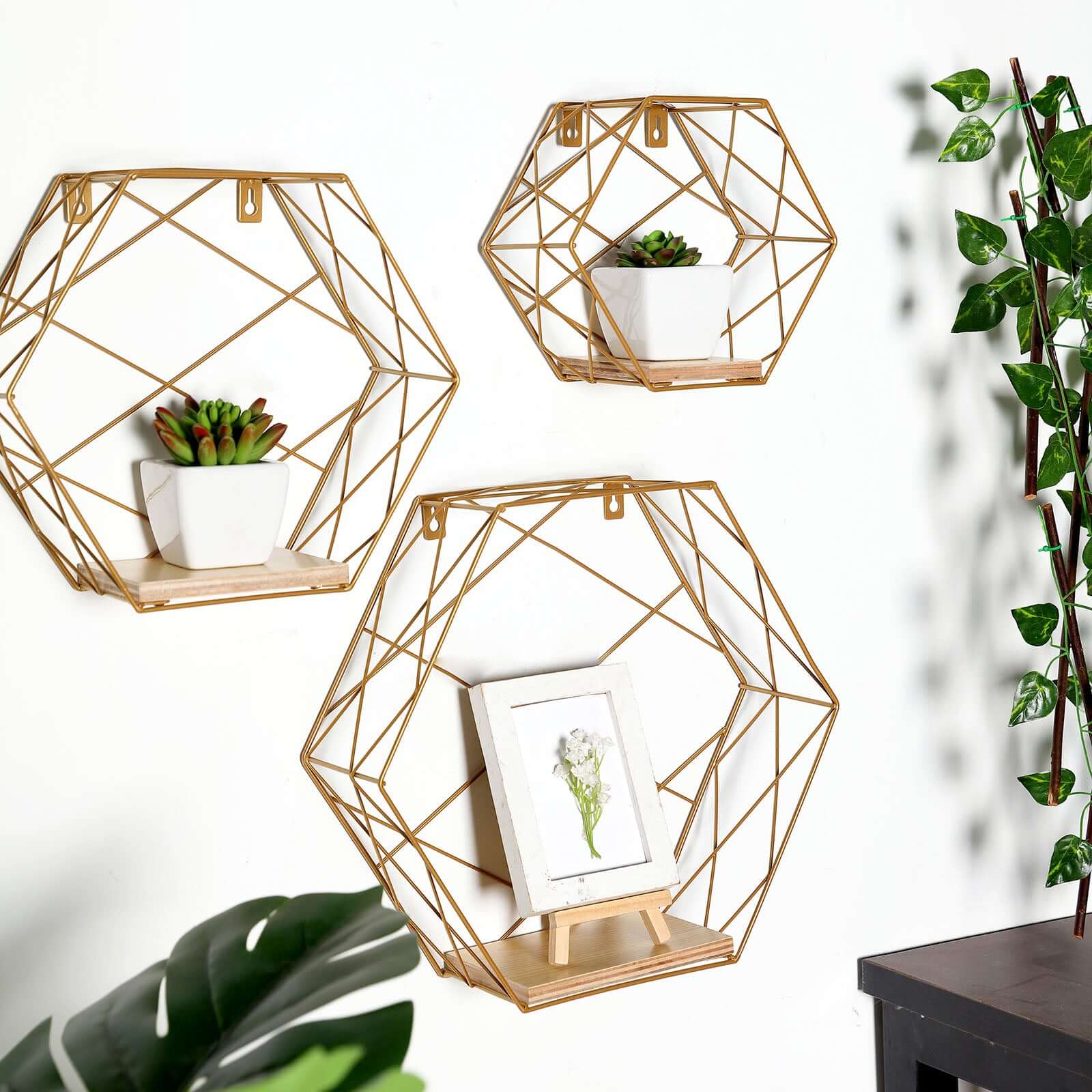 3 Pack Gold Hexagonal Floating Wall Shelves, Decorative Geometric Wall Mounted Shelves - 9",12",14"