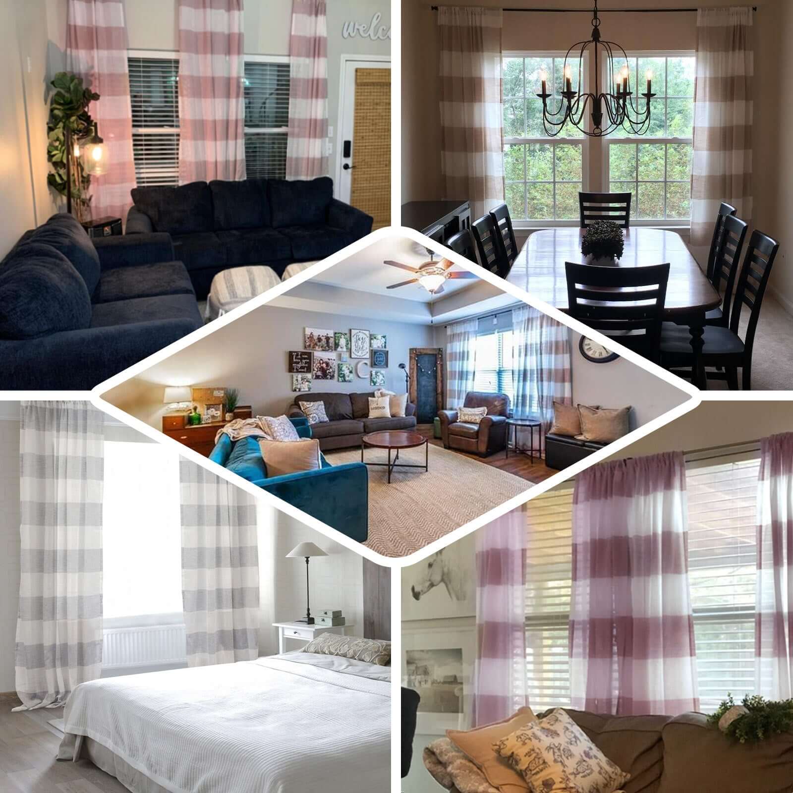2 Pack White Lavender Lilac Cabana Print Faux Linen Curtain Panels With Chrome Grommet - 52"x108"