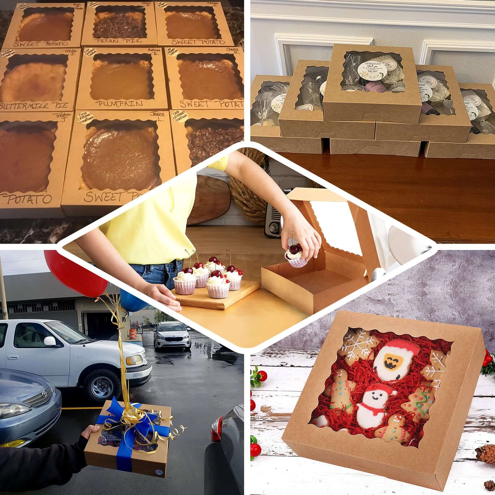 12-Pack Cardstock Bakery Boxes with PVC Window Natural Brown - Versatile Cake Containers for Donuts Muffins & Homemade Goods 9"x9"x2"