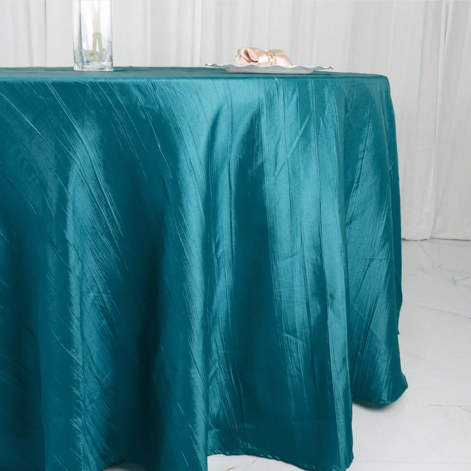 Taffeta 120" Round Tablecloth Peacock Teal - Seamless Accordion Crinkle Table Cover