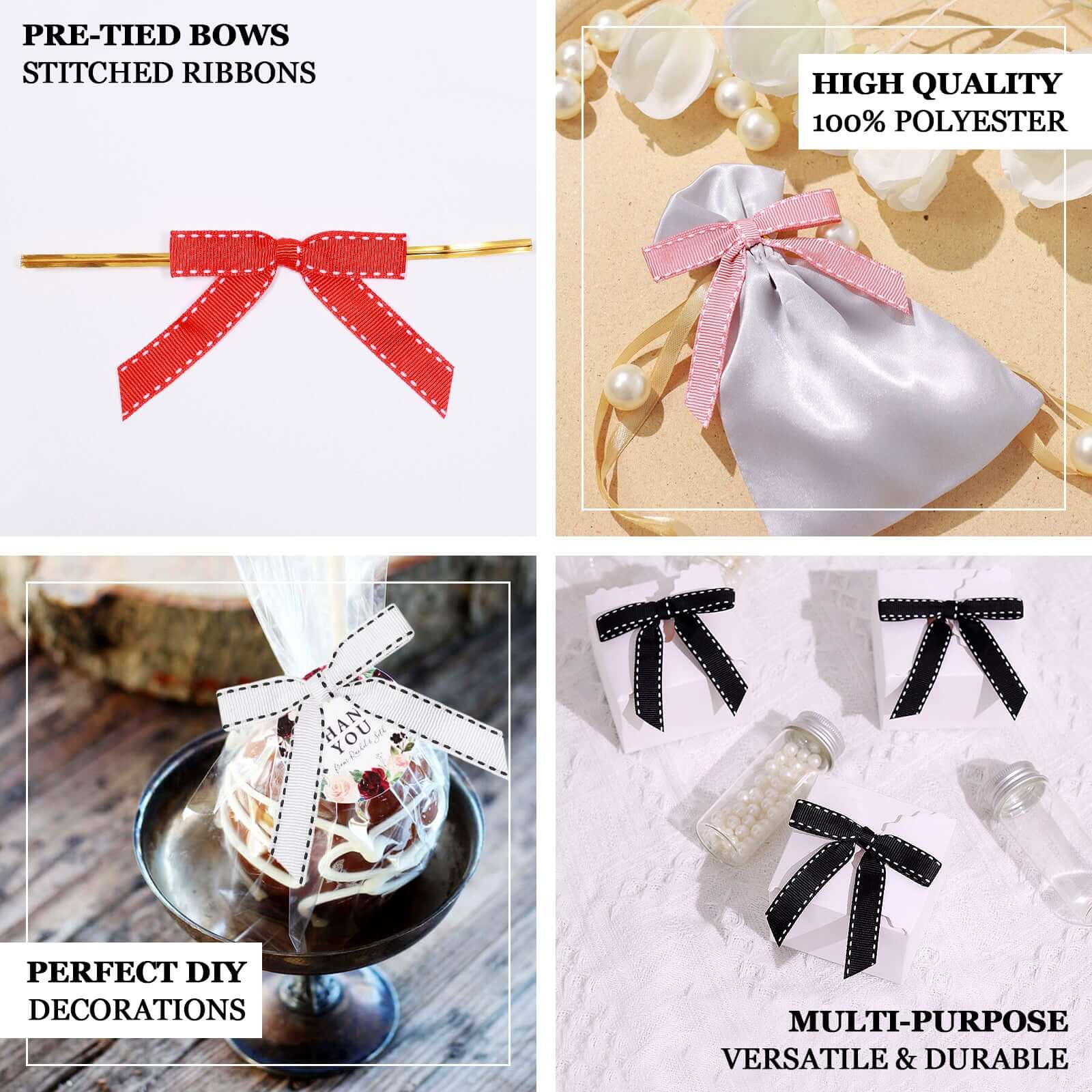 50 Pcs 3" Saddle Stitch Ribbon Bows With Twist Ties, Gift Basket Party Favor Bags Decor - Red White Polyester
