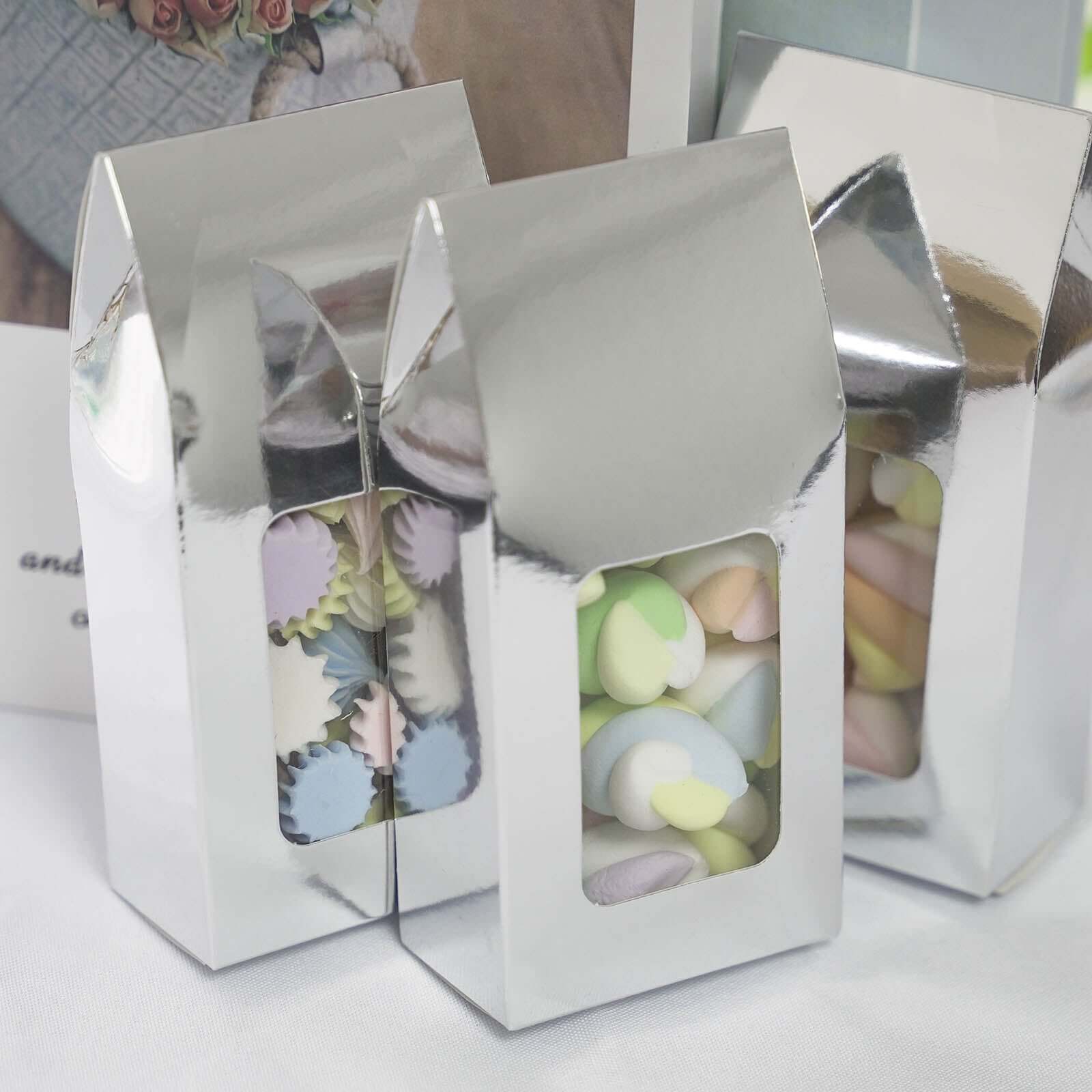 25 Pack Silver Tote With Window Party Favor Candy Gift Boxes 2.75" X 1.5" X 6"