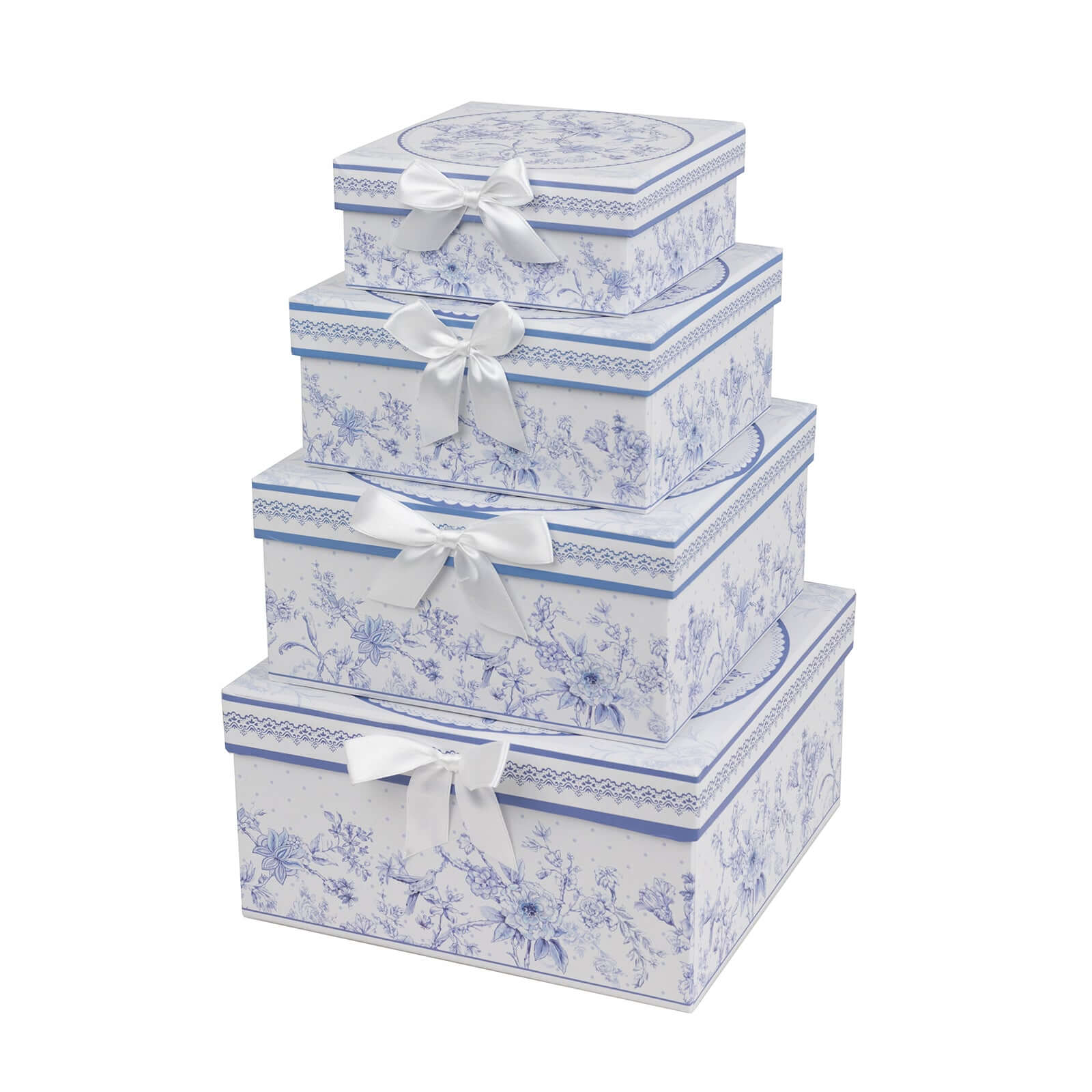 Set of 4 Cardstock Round Nesting Gift Boxes White Blue French Toile Design - Decorative Heavy Duty Stackable Keepsake Boxes With Lids for Presents Storage & Pedestal Stand 5",7",8",9"