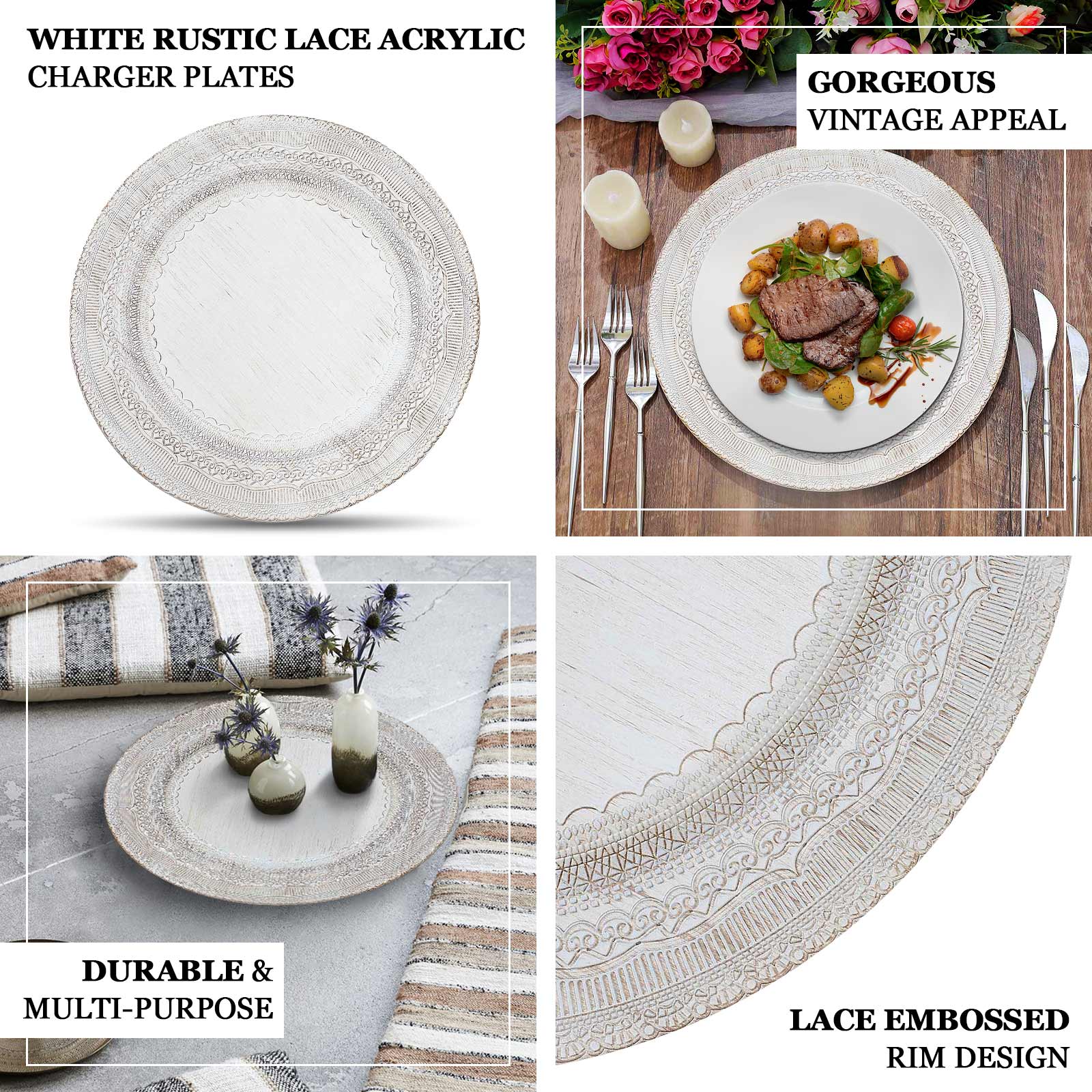 6-Pack Acrylic Round Charger Plates 13" in White with Lace Embossed Rim, Rustic Plastic Decorative Charger Tableware