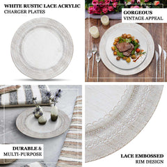6-Pack Acrylic Round Charger Plates 13" in White with Lace Embossed Rim, Rustic Plastic Decorative Charger Tableware