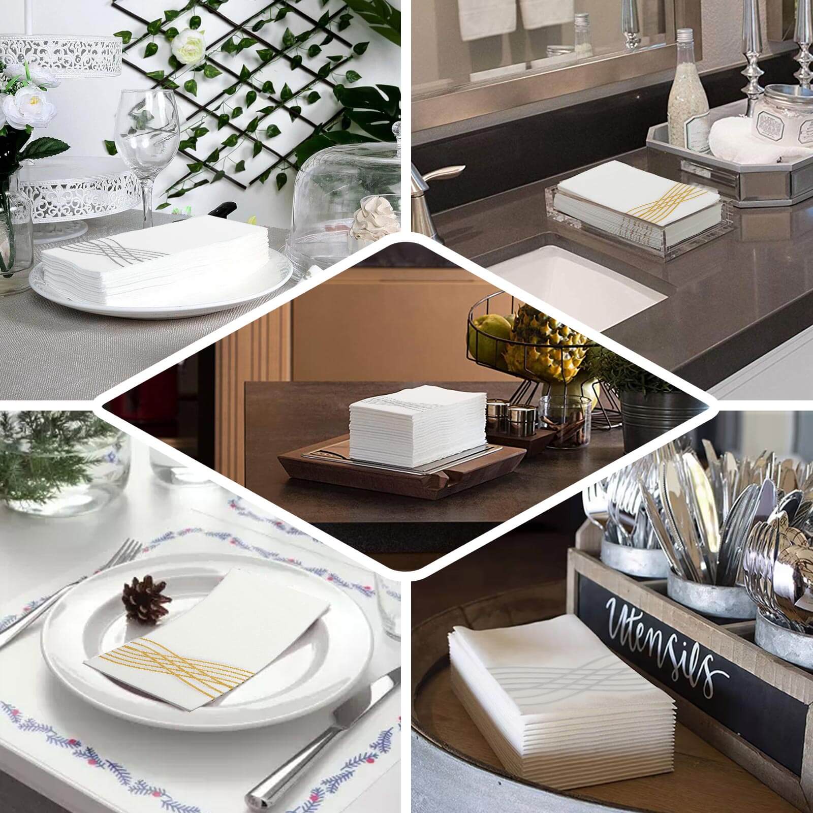 25 Pack Linen-Like Paper 8"x4" Napkins White with Metallic Silver Foil Wave Design - Soft & Absotbent Airlaid Hand Towels