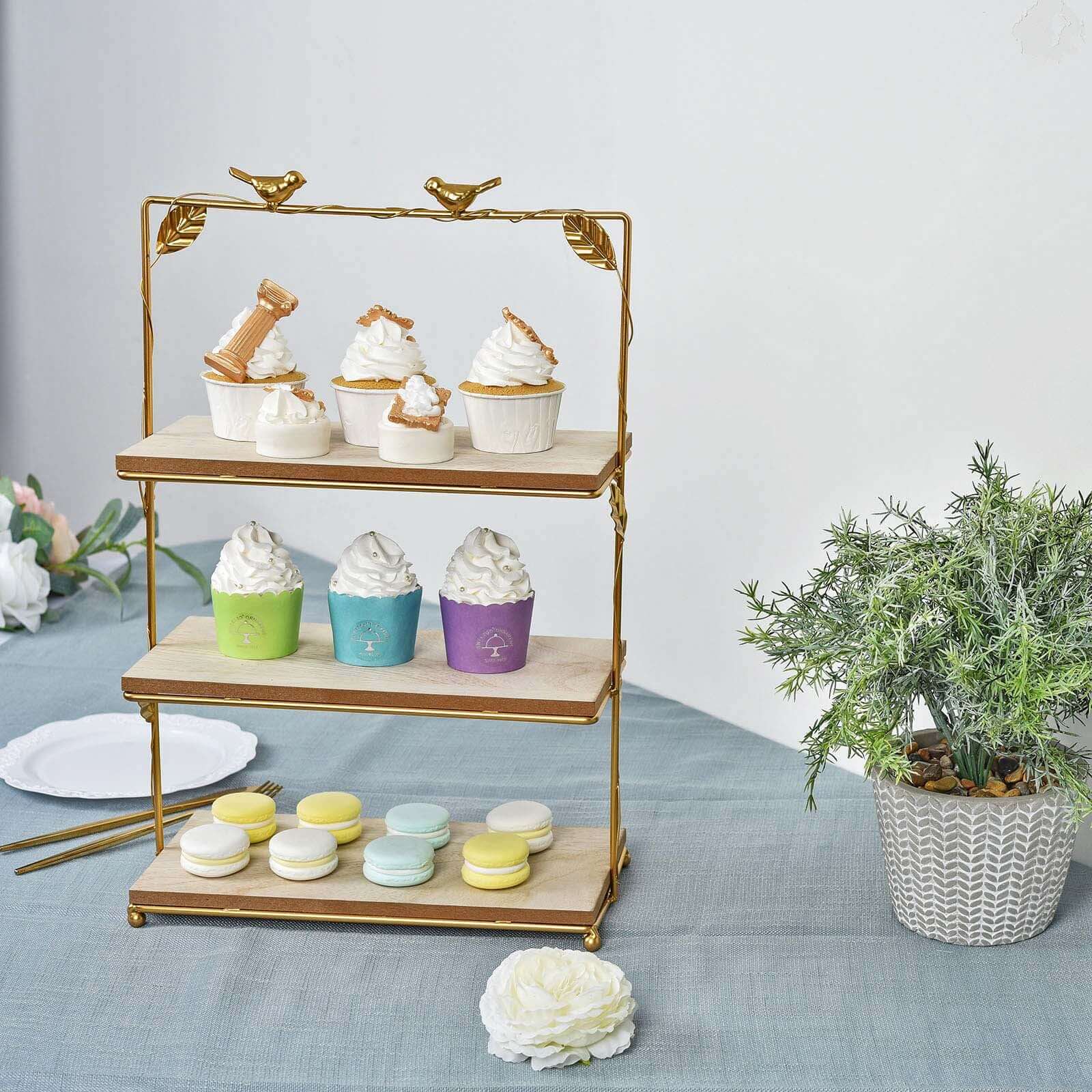 3-Tier Wooden Cheese Board Stand Rectangular Gold/Wood Slice Design - Rustic Cupcake Tower Centerpiece with Assembly Tools 19"