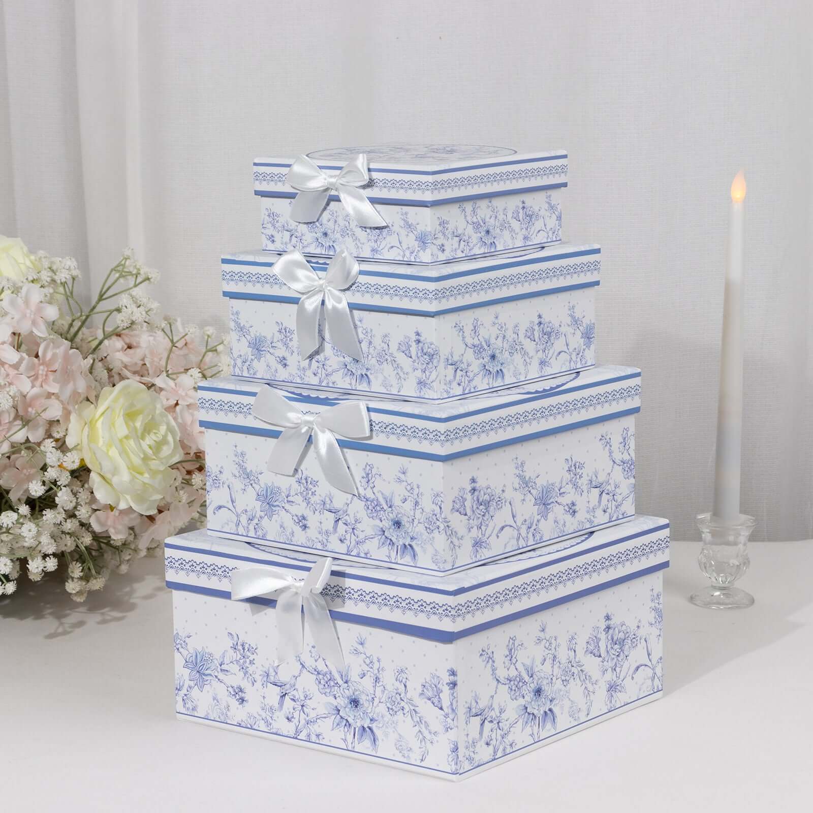 Set of 4 Cardstock Round Nesting Gift Boxes White Blue French Toile Design - Decorative Heavy Duty Stackable Keepsake Boxes With Lids for Presents Storage & Pedestal Stand 5",7",8",9"