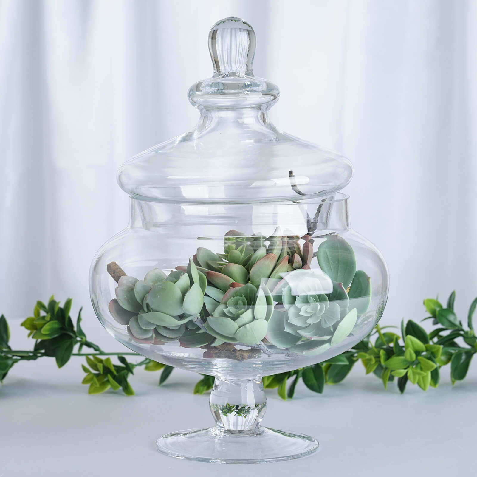 Set of 3 Glass Candy Jars Pedestal Apothecary Design Clear with Snap-On Lids - Stylish Party Favor Containers 10"/12"/14"