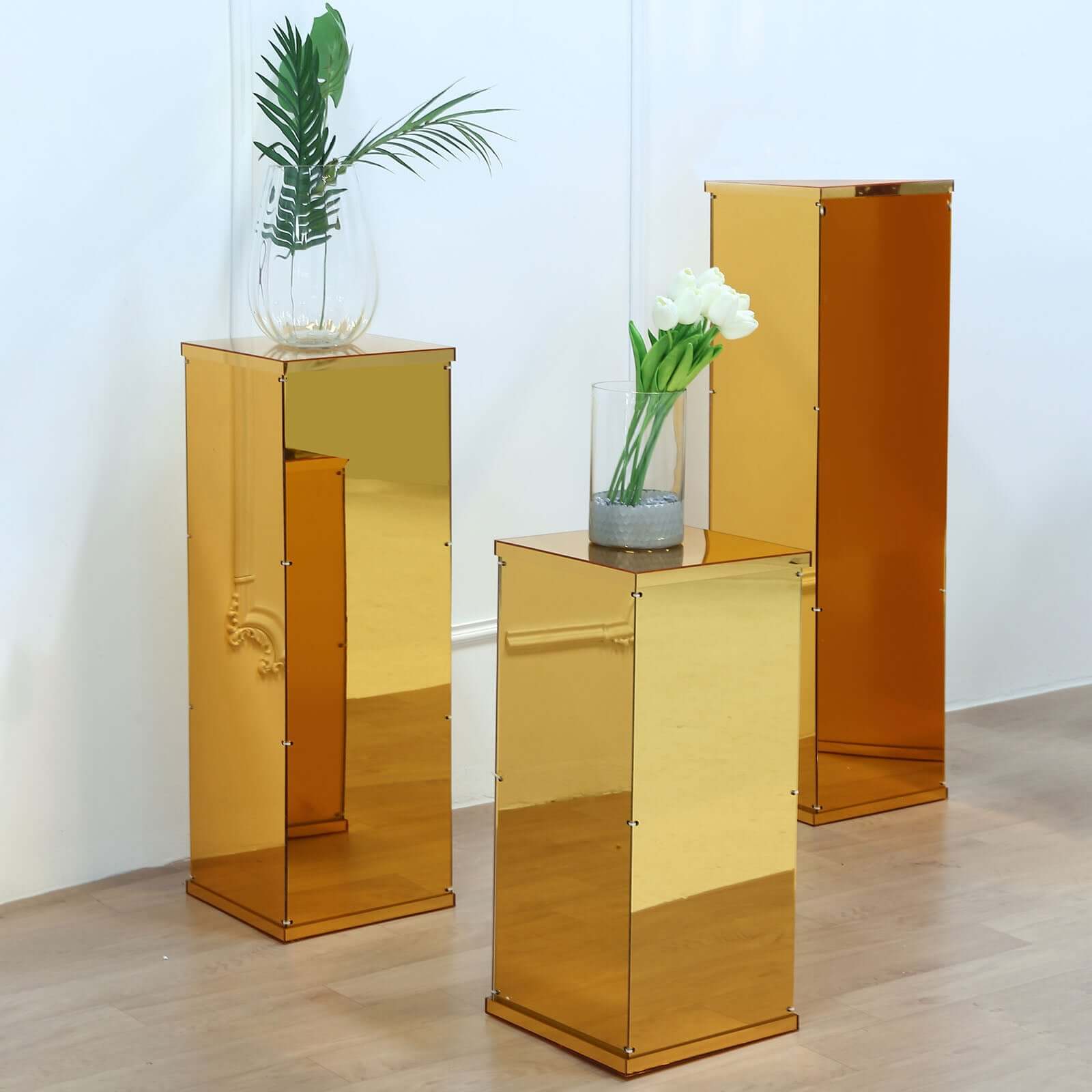 Set of 5 Gold Mirror Finish Acrylic Display Boxes, Pedestal Risers with Interchangeable Lid and Base - 12",16",24",32",40"