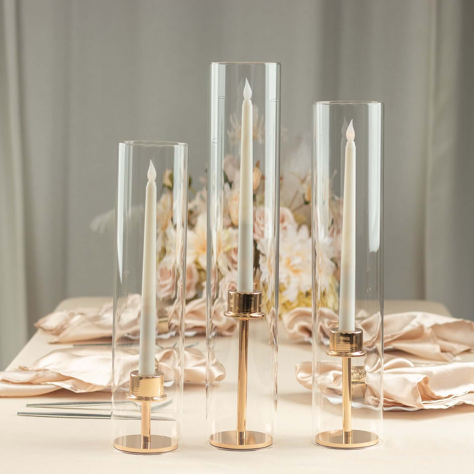 Set of 3 Clear Glass Hurricane Candle Sleeves 3.5" Wide - Chic Pillar Candle Shades Holder Table Centerpiece 15", 17", 19"