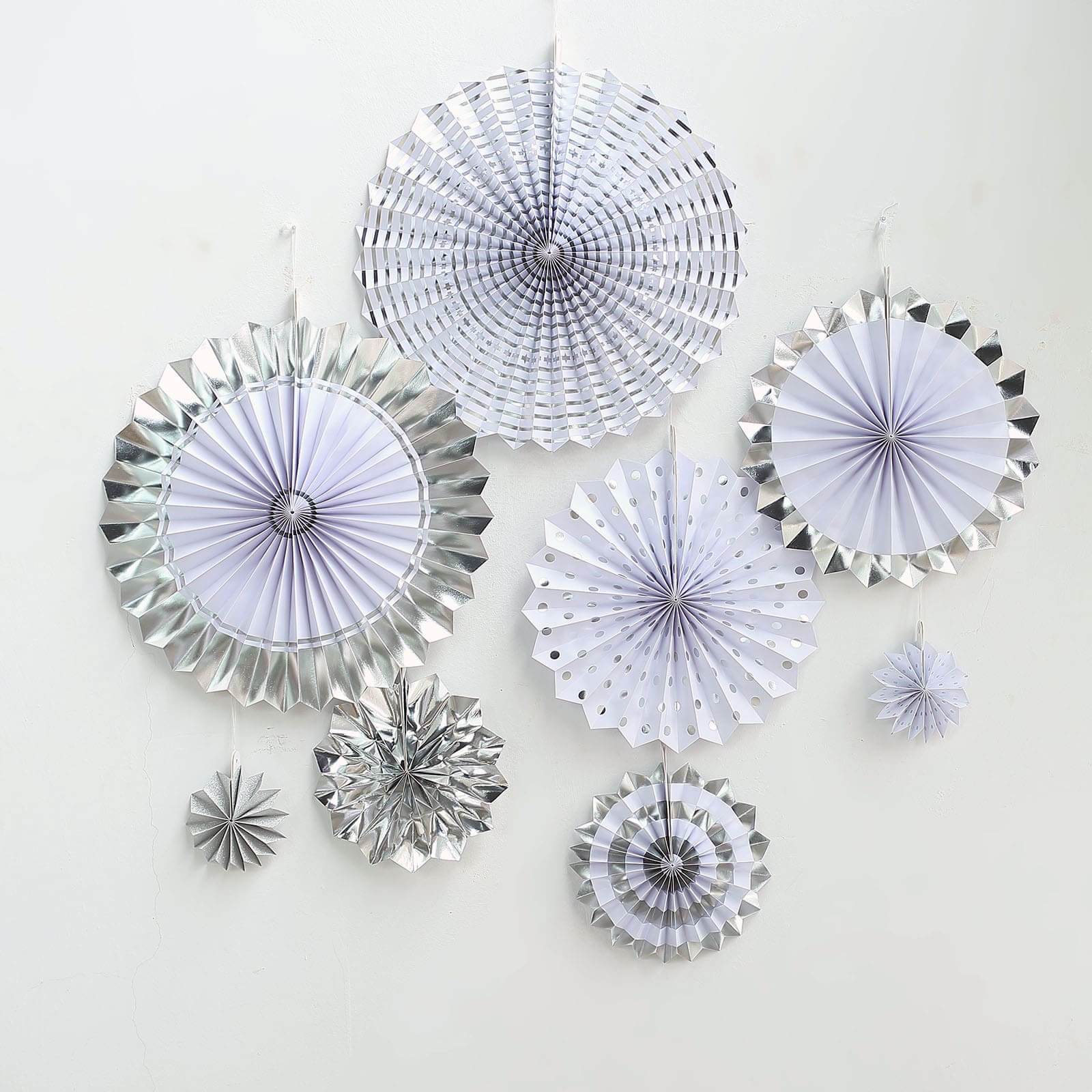 Set of 8 Silver White Hanging Paper Fan Decorations, Pinwheel Wall Backdrop Party Kit - 4", 8", 12", 16"