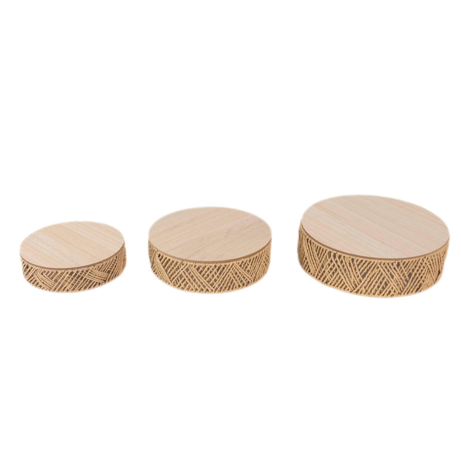 Set of 3 Pedestal Cake Stands Jute Rattan with Wooden Top Plates Natural - Stackable Round Rustic Farmhouse Design 10", 12", 14"